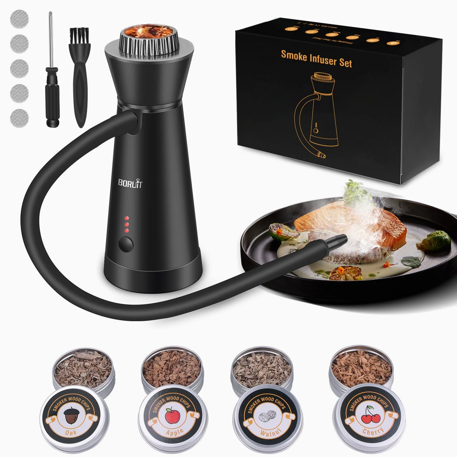 BORUiT SK301B Pistola de Humo, Aleación de Aluminio Infusor Ahumador con Paquete de 4 Virutas de madera, para la Cocina, Carne, Cócteles, Queso, Barbacoa (Negro 1)