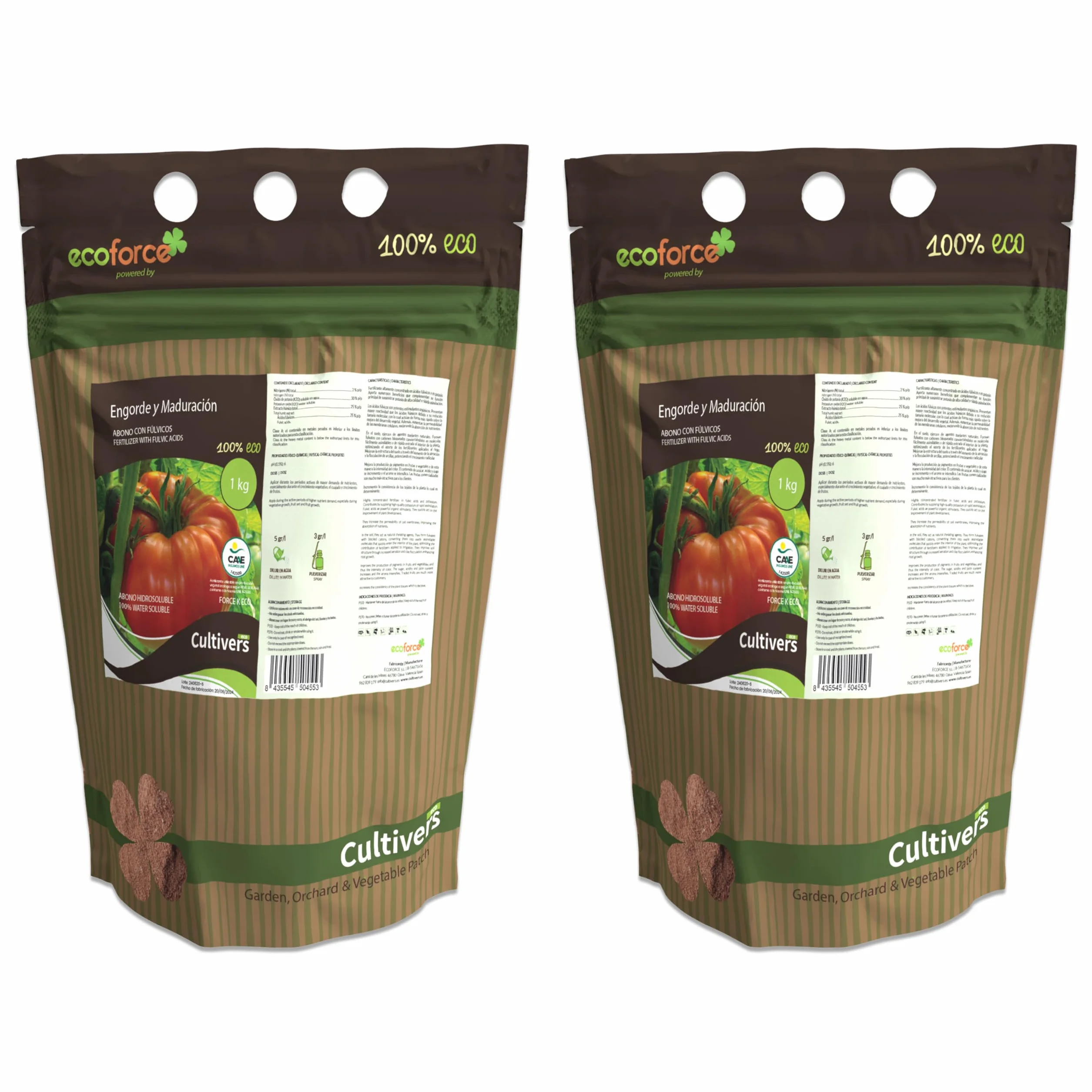 CULTIVERS Abono Engorde y Maduración Ecológico 2x1 kg. Fertilizante Potasio Quelatado con pH Neutro para el Aumento de los Frutos. Force K