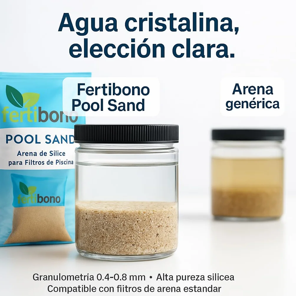 FERTIBONO Pool Sand – Arena de Sílice para Filtros de Piscina 0,4–0,8 mm – Alta Pureza 99% – Agua Cristalina Todo el Verano – Saco de 25 kg
