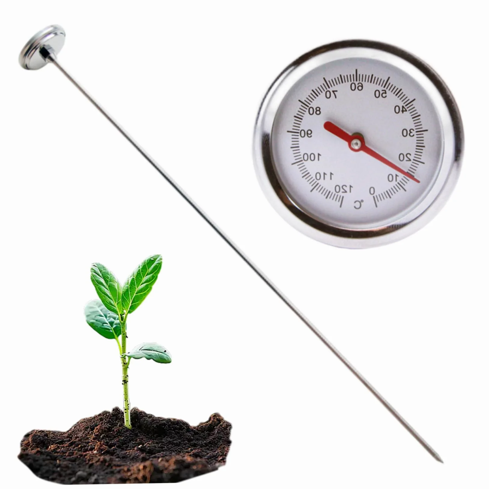 Termómetro de compost, termómetro de suelo portátil de acero inoxidable con esfera de 2 pulgadas y vástago de 20 pulgadas para suelo, compost, jardín, decoración de pelouse