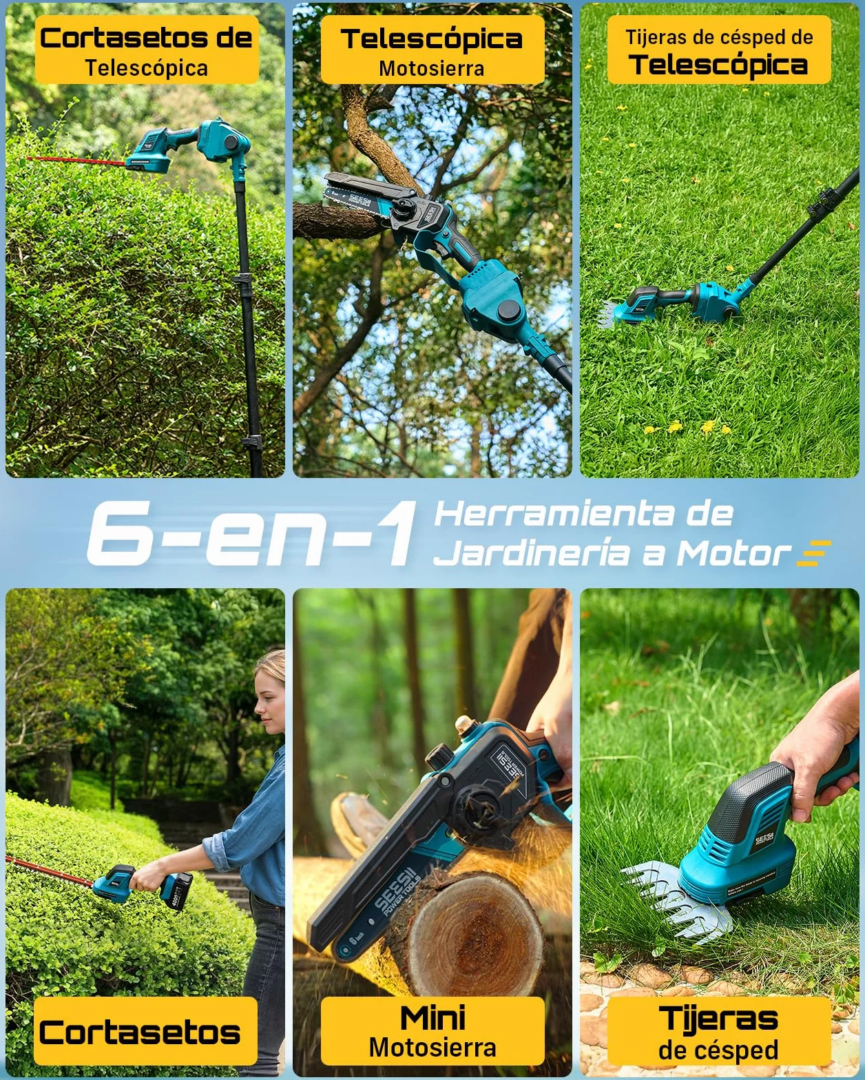 SEESII 6-en-1 Mini Motosierra y Cortasetos a Batería, con 2 * 4000mAh Baterías, Motosierra Electrica con Pértiga Telescópica, Alcance Máximo de hasta 4,57 m, con 30 ml Tanque de Aceite