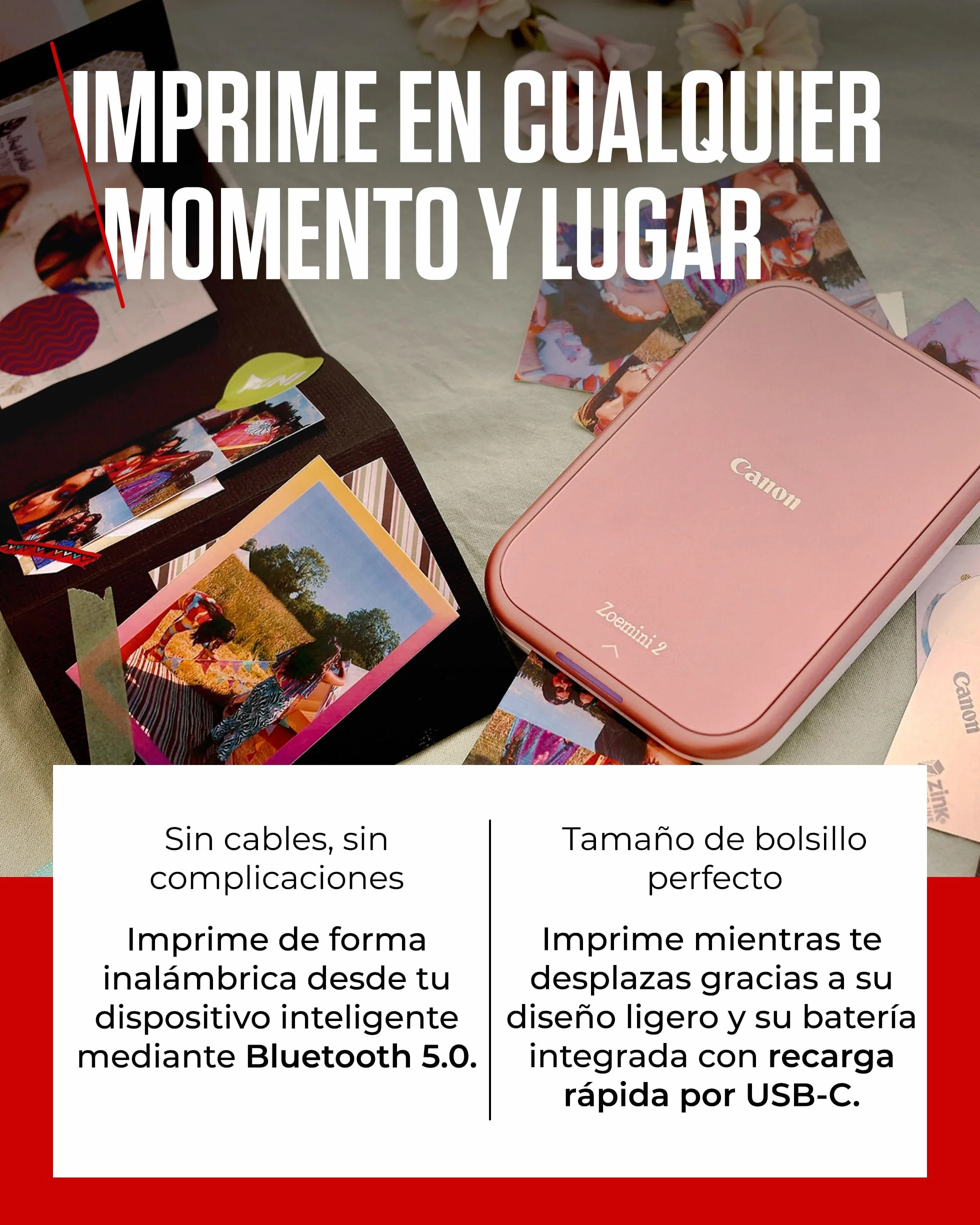 Canon Zoemini 2 Impresora Fotográfica Instantánea Compacta Bluetooth 5.0 USB-C Rosa