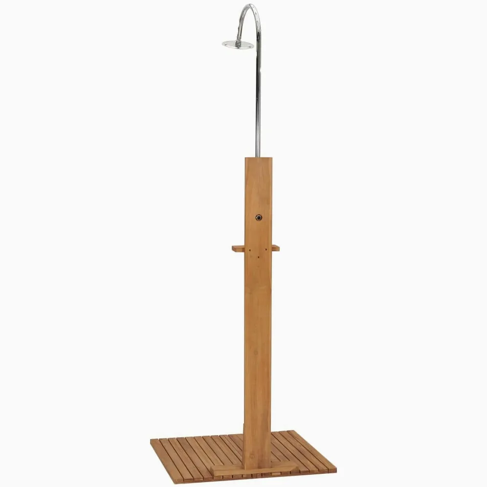 Ducha de jardín de madera maciza de teca, 75 x 75 x 210 cm, cabezal de ducha de acero inoxidable, base antideslizante para ducha al aire libre, cuidado del jardín y limpieza