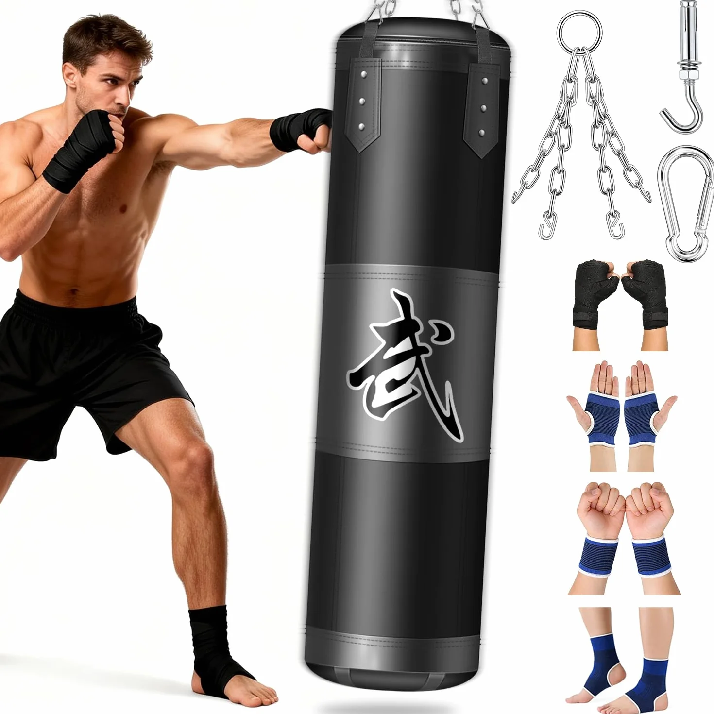 Saco de Boxeo Colgante 120 cm Tela Oxford con Gancho Cadena y Vendajes para MMA Karate Kickboxing