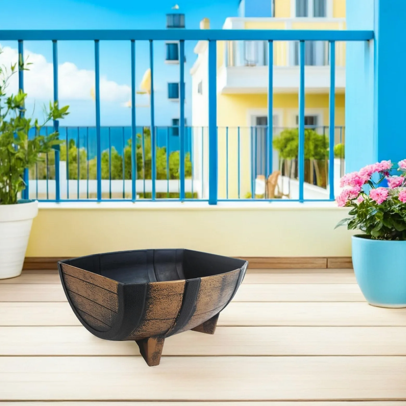 COLLBATH Jardinera de Medio Barril Rústica para Jardín Exterior E Interior, Maceta Estilo Granja 40,6x20,8 Cm, Plástico Resistente con Patas Elevadas para Mejor Drenaje y Decoración