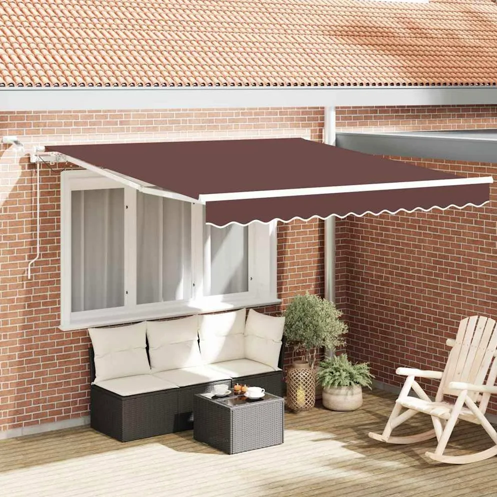 Toldo automático con LED marrón, 300 x 250 cm, brazo articulado, protección solar, resistente al agua, resistente a los rayos UV, con sensor de viento y manivela para terraza, balcón, exterior