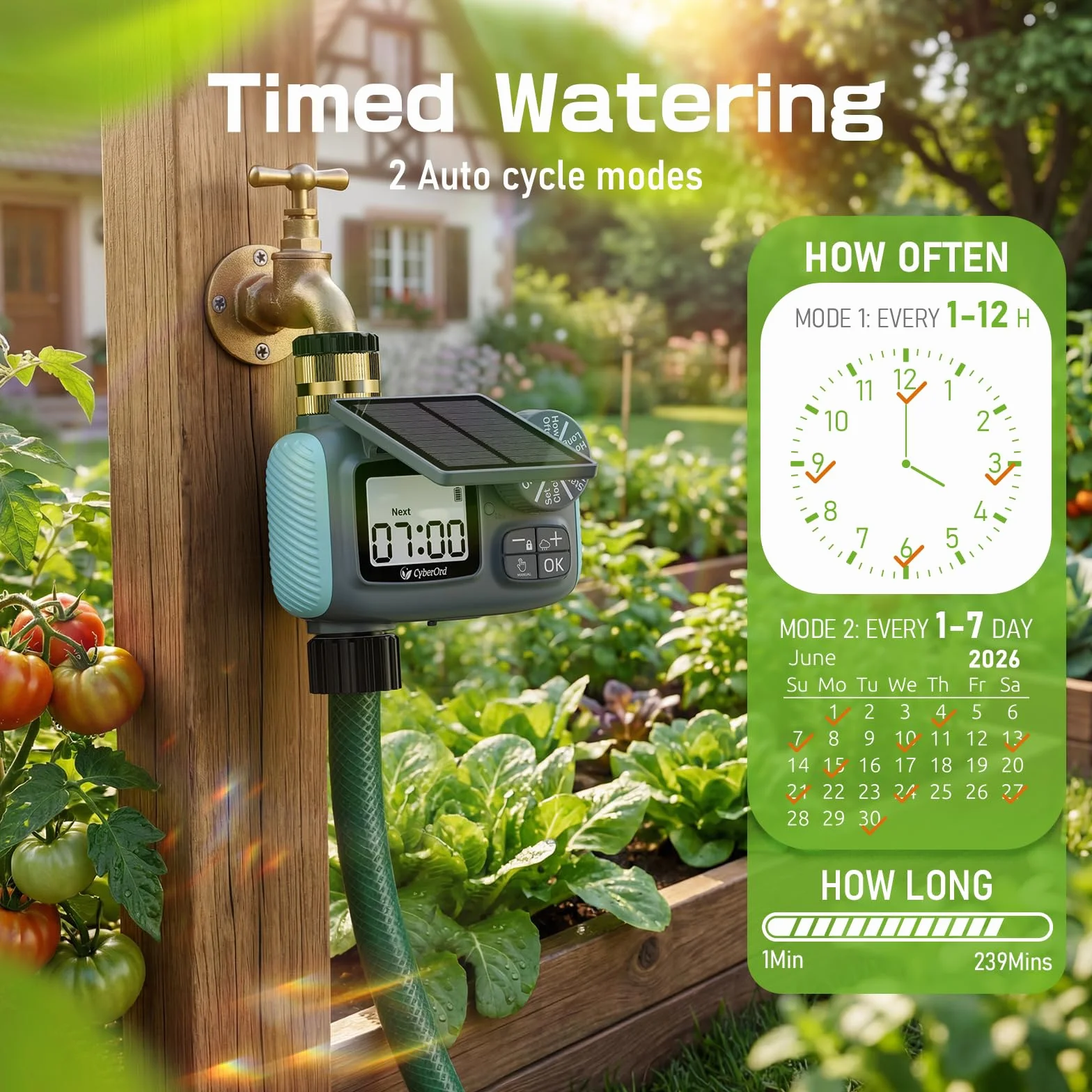 Programador Riego Solar, 3/4” Entrada de Latón Ecológico Temporizador Automático para Jardín Temporizador de Riego con Retraso por Lluvia/Riego Manual Control de Riego para Césped y Macetas