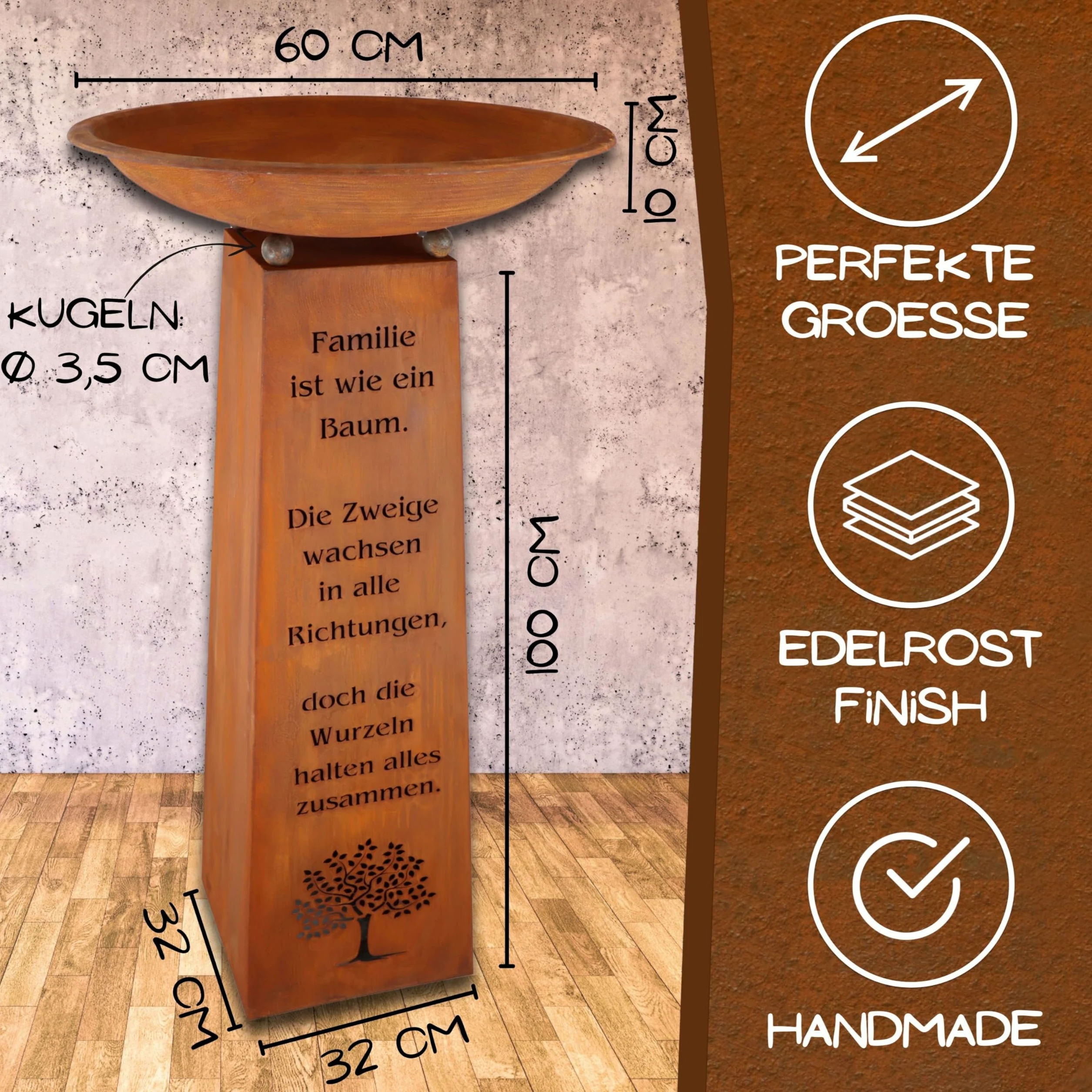 Rostikal Patina Columna con Familias Dicho y Cuenco Decorativo Decoración para Casa y Jardín Columna 1m - Cuenco 60cm Redondo, 60 cm rund