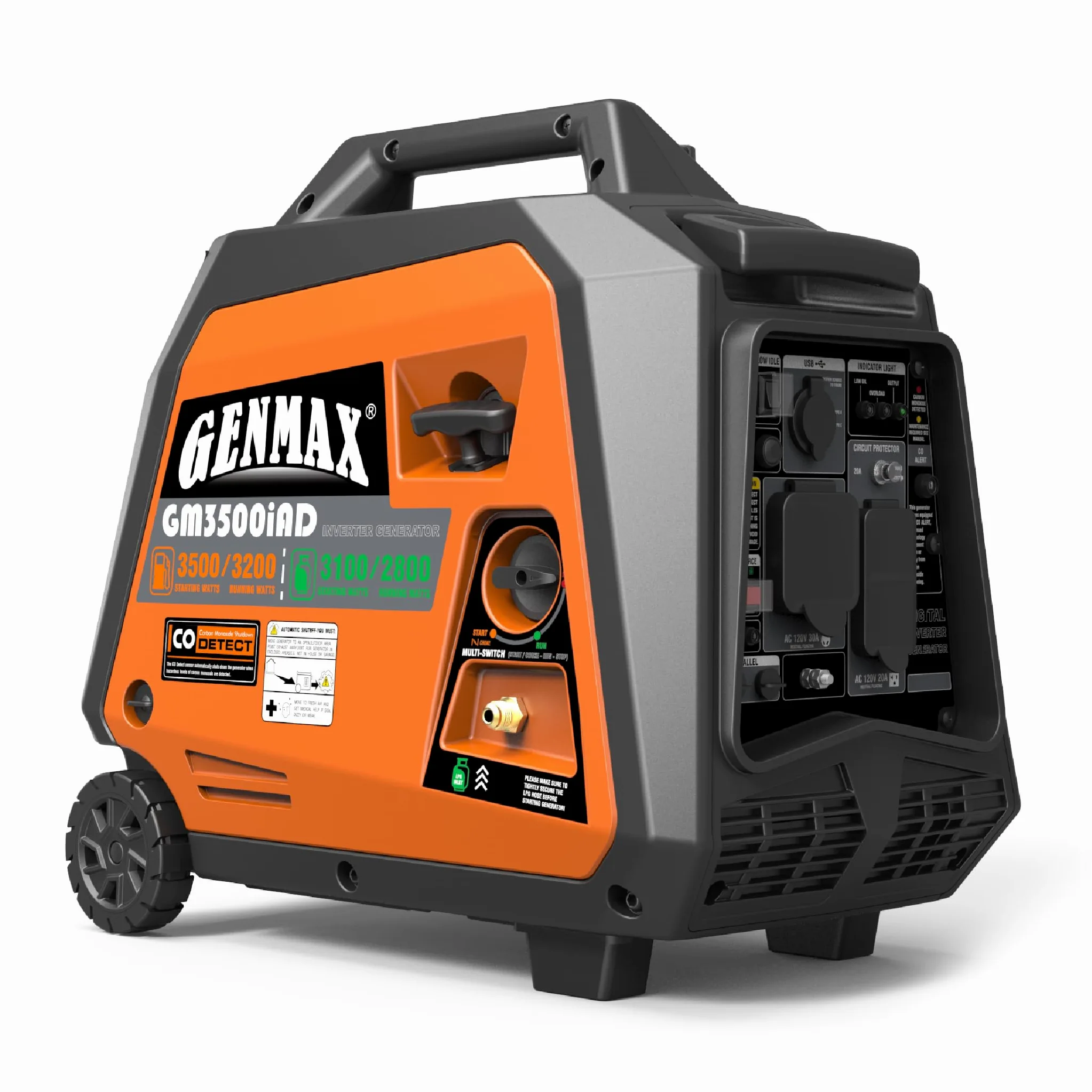 GENMAX Generador inversor portátil, motor de gas o propano súper silencioso de 3500 W con capacidad paralela, arranque manual, ideal para acampar, viajes al aire libre. Cumple con la EPA