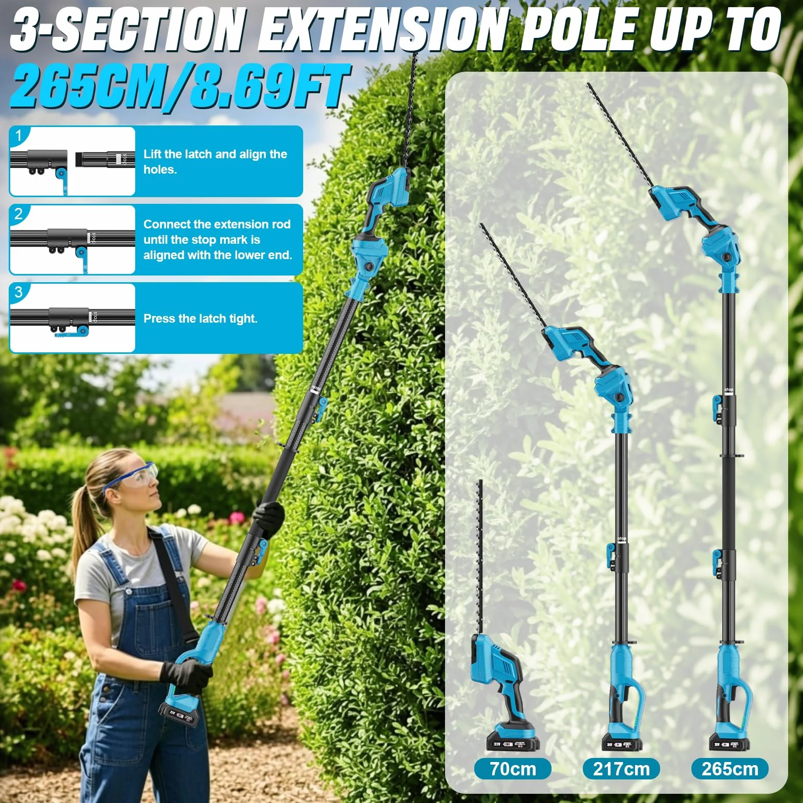 Cortasetos Telescópico Batería 2 en 1, Podadora Electrica Herramientas de Jardín con 2*4000 mAh Baterías Motor 550 W, Cortasetos 2,65M con Bandolera, Gafas, Guantes para Podar Arboles Patio de Jardín