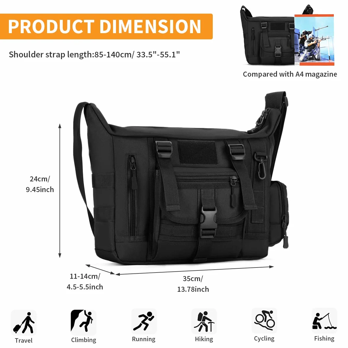 Mochila de Hombro Militar Táctical Impermeable Negro Bolso de Bandolera Múltiple Función