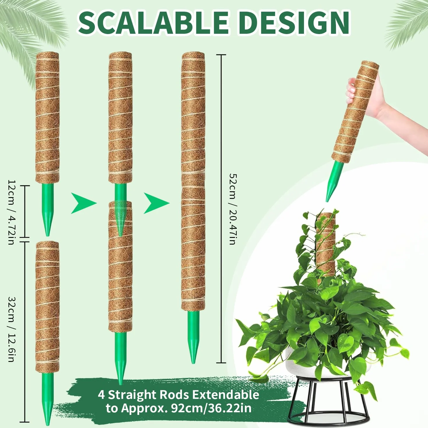 tutores para Plantas,Juego de 4 Postes de Musgo de 32 cm + 1 Poste de Soporte de Musgo Flexible de 100 cm, Postes Apilables para Plantas Trepadoras de Interior, Hiedra y Pothos