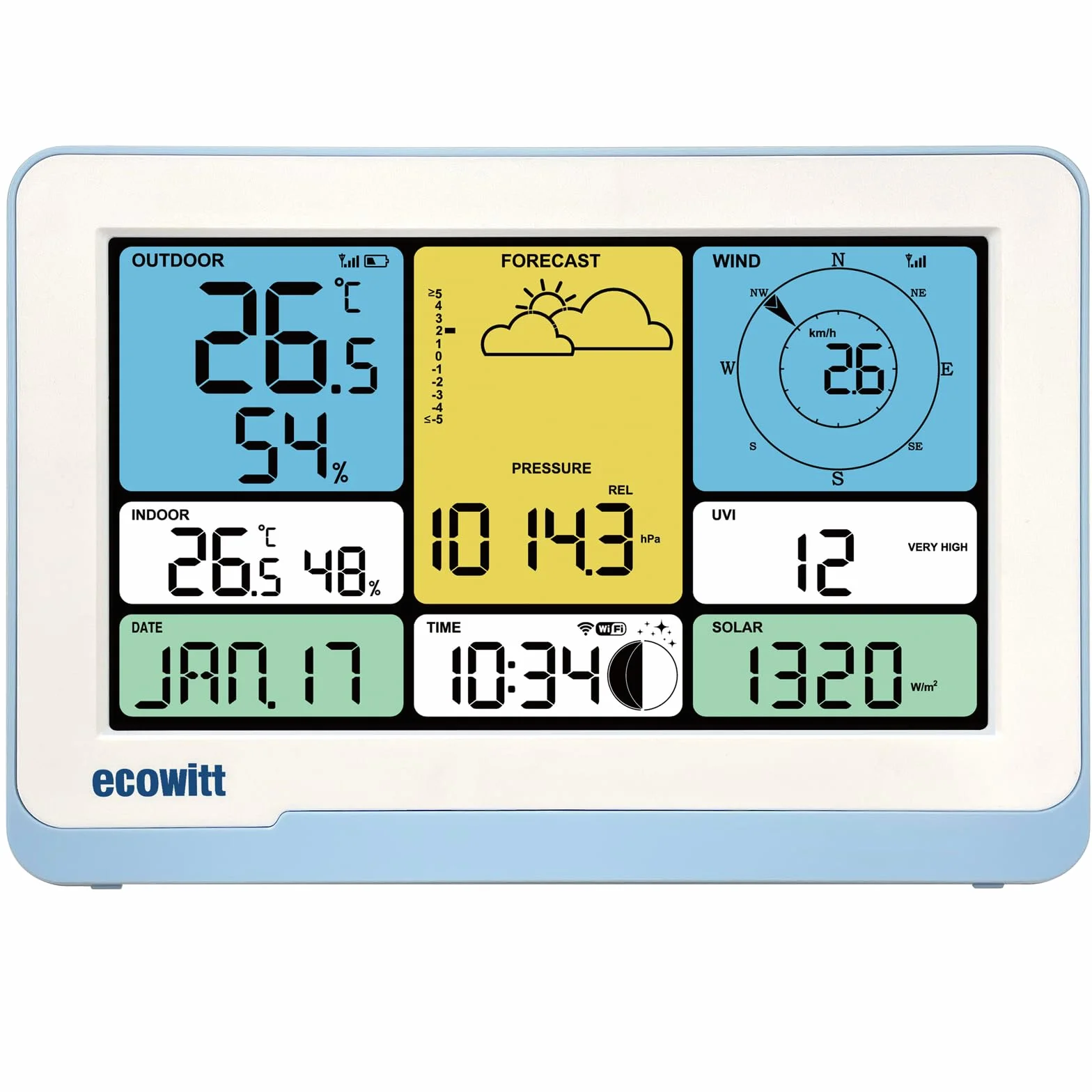 ECOWITT Consola WS3820_C para estación meteorológica, pantalla LCD a color doméstica de 7,5 pulgadas, sensores internos 3 en 1 integrados, par con WS69/WS90/WS85, control inteligente de conexión IoT