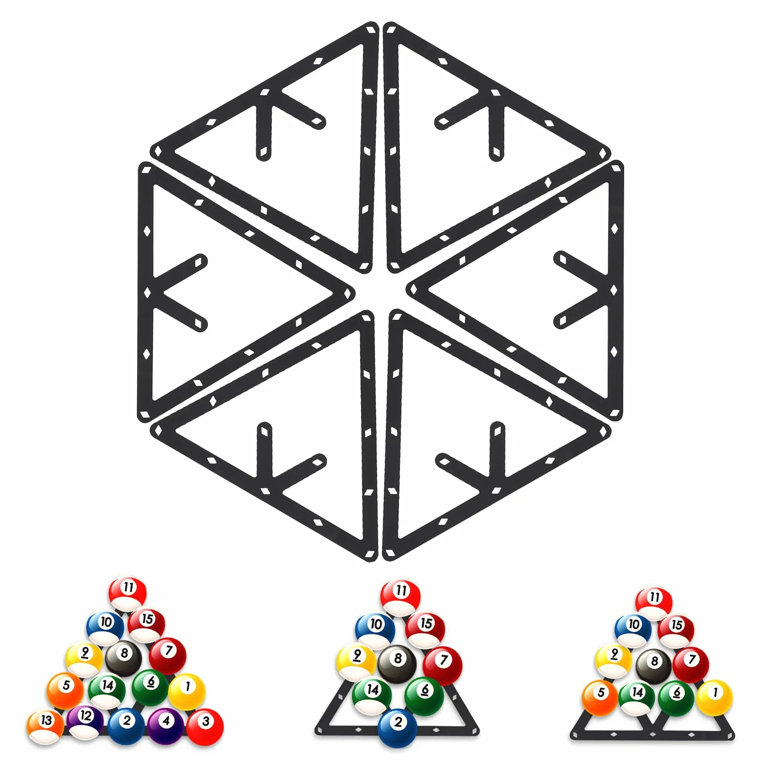Juego de 6 plantillas de billar ultrafina para 8Ball, 9Ball y 10Ball – Triángulo preciso para alineación de bolas