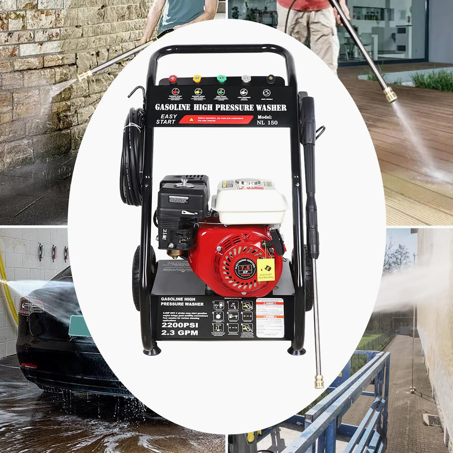 Limpiador de alta presión de gasolina de 4 tiempos, 7,5 HP, 2200 PSI, limpiador profesional para coche y terraza con 5 boquillas seleccionables, barra de extensión y manguera, arranque manual de