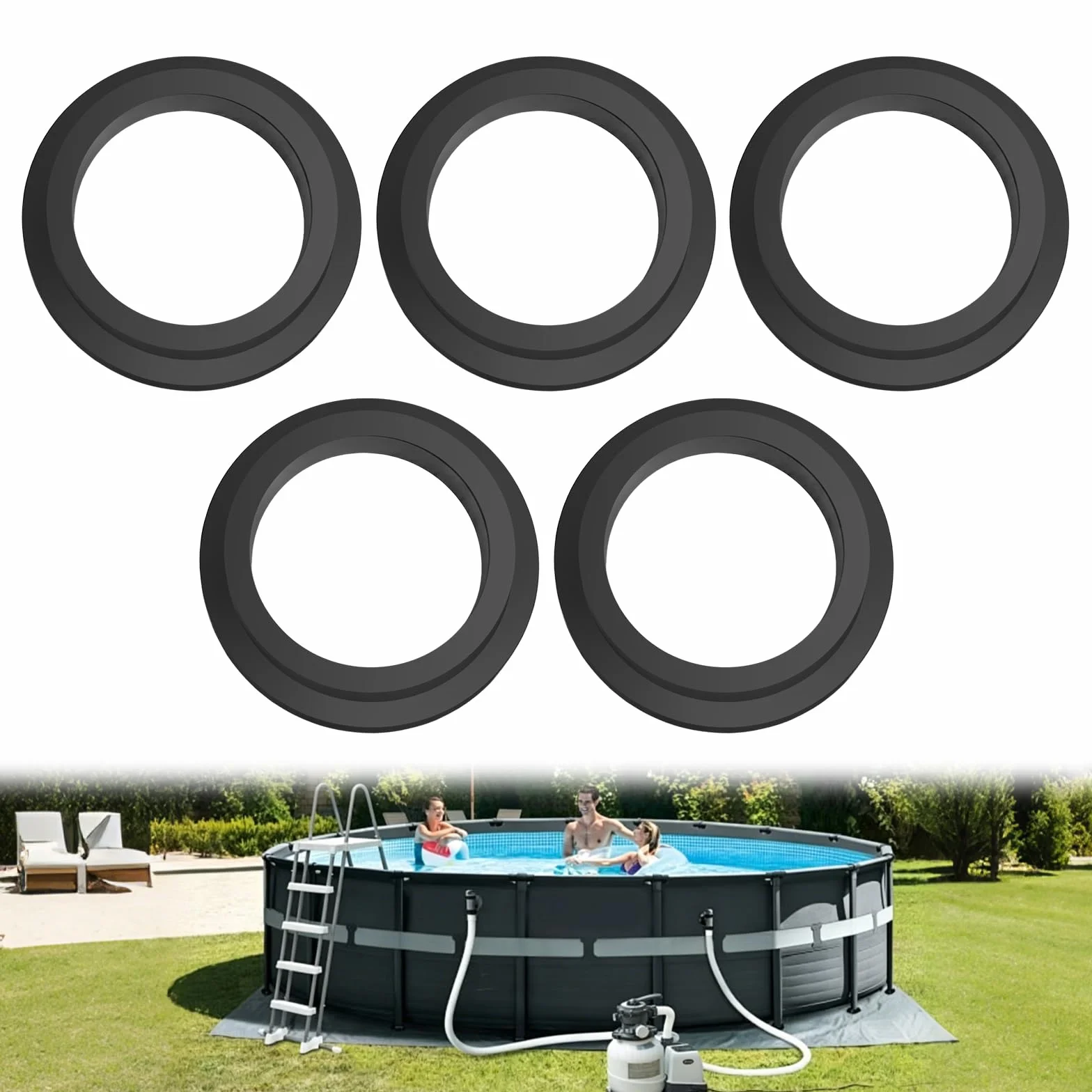 5 Piezas Juntas Tóricas Piscina, Juntas de Goma para Piscina, Arandelas Goma, Repuesto para Bomba de Arena, Filtro Arena y Conexión Manguera (Negro)