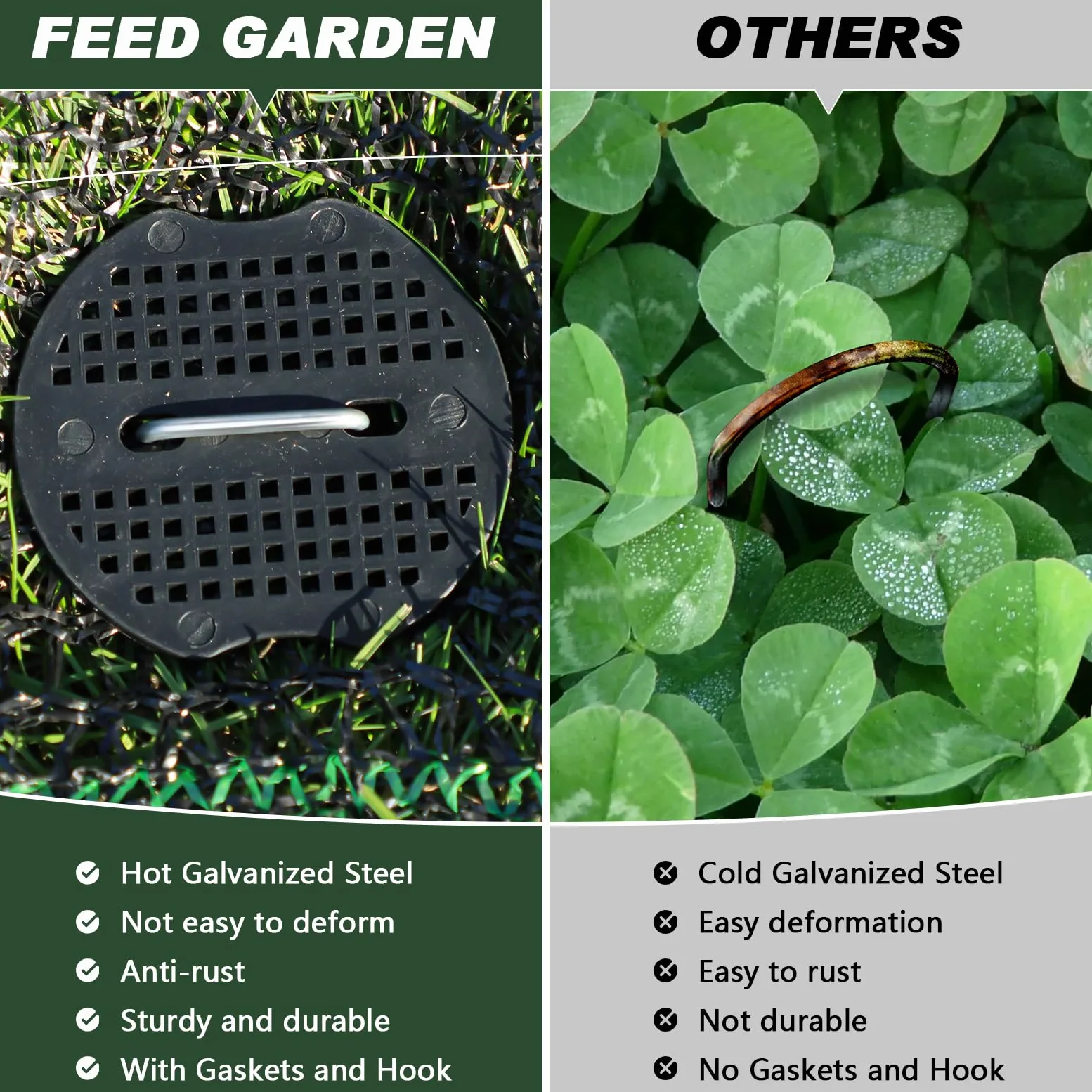FEED GARDEN 200 grapas galvanizadas de paisaje de 6 pulgadas, 200 juntas, gancho de púa, estacas de jardín, calibre 11, tela de paisajismo antioxidante, pines SOD, estacas en forma de U para
