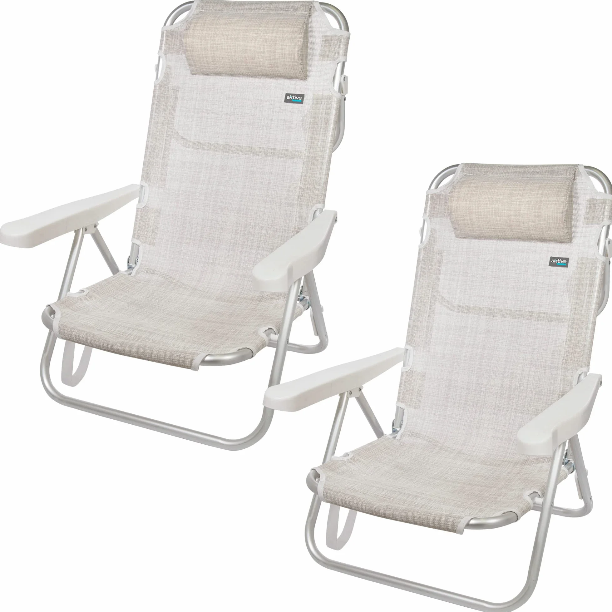 Aktive 62254 - Pack de 2 sillas plegables multiposición para playa, jardín, terraza o camping, 5 posiciones diferentes, Altura 21 cm, medidas 48x45,5x84 cm, Reforzadas, incluye asa de transporte