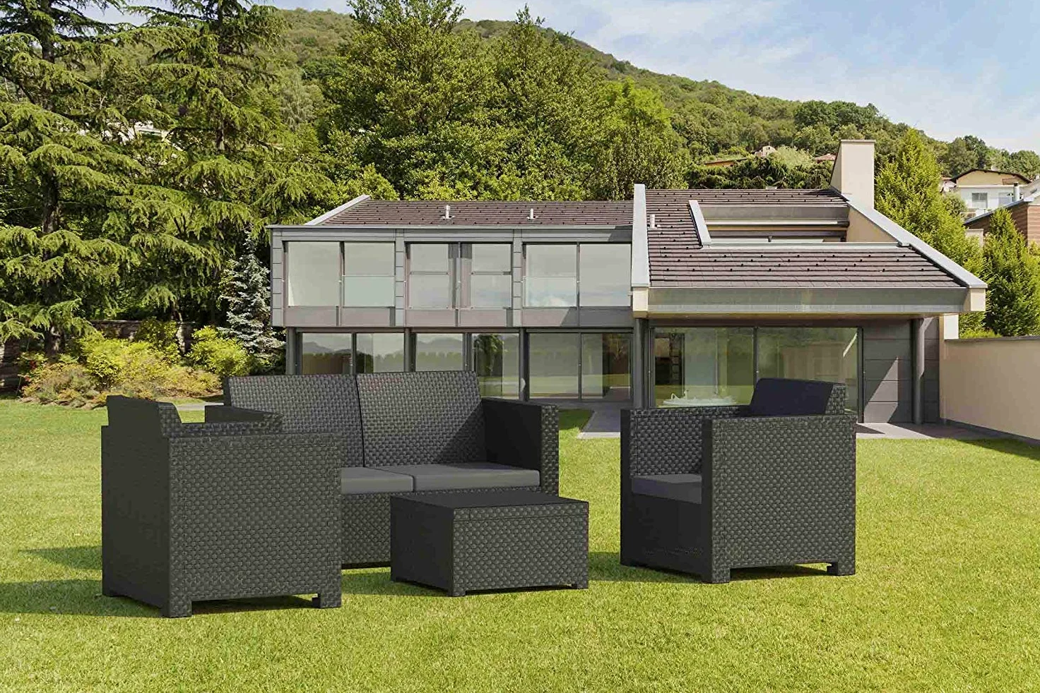 SP Berner SHAF - Conjunto Jardín Exterior y Terraza - Sofá de 2 plazas, 2 Sillones, Mesa Baja y Cojines Asiento - Plástico Reciclado - Set EVO Confort - Grafito