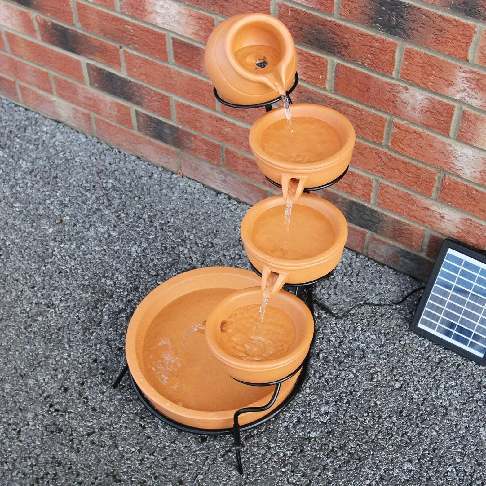 Fuente solar en cascada Terracota 4 niveles - Decoración al aire libre Jardín Terraza Bebedero - Batería 6H [estaca de tierra con panel solar incluido]