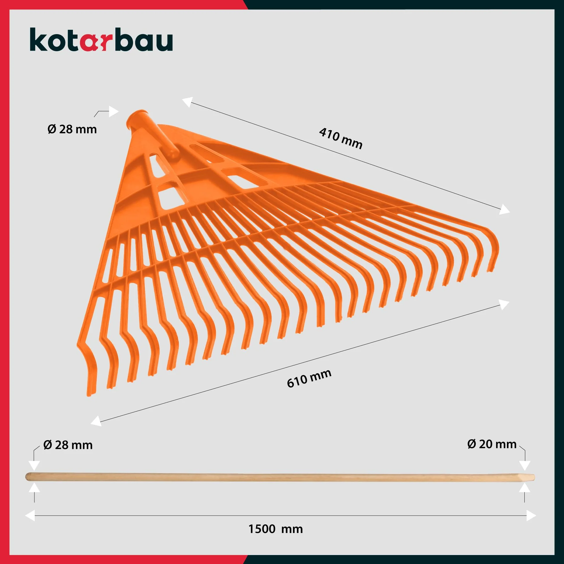 KOTARBAU® Rastrillo Jardín - Plástico - 61 cm - Naranja - con Mango - Rastrillo para Césped - Rastrillos - Ligero Y Resistente - Herramienta para Jardinería