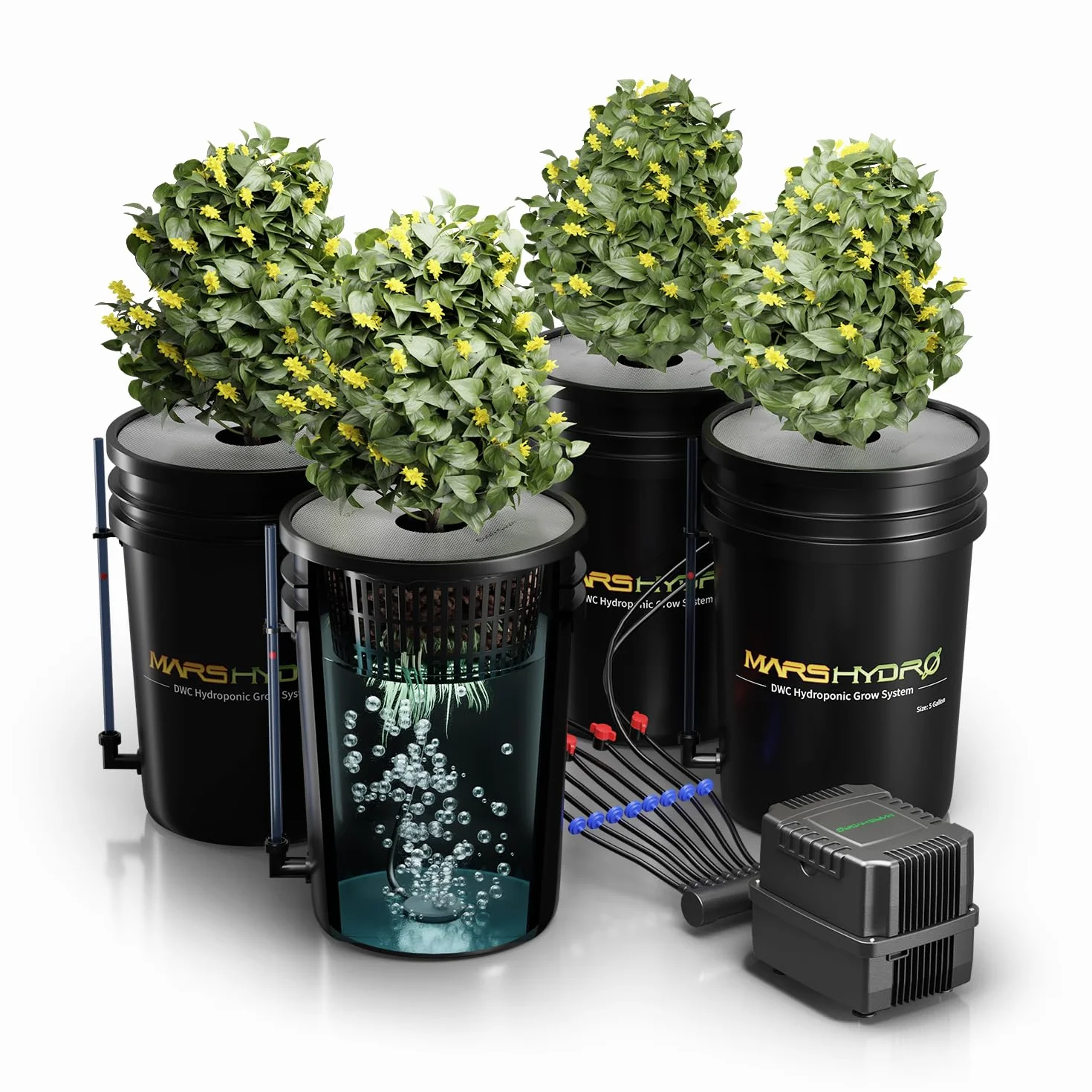MARS HYDRO DWC Hydrokultur Anbausystem 5 Gallonen Tiefwasserkultur mit 11W Luftpumpe, Mehrzweck-Luftschlauch, Luftstein, 4 Eimern und Topf-Tropfkit