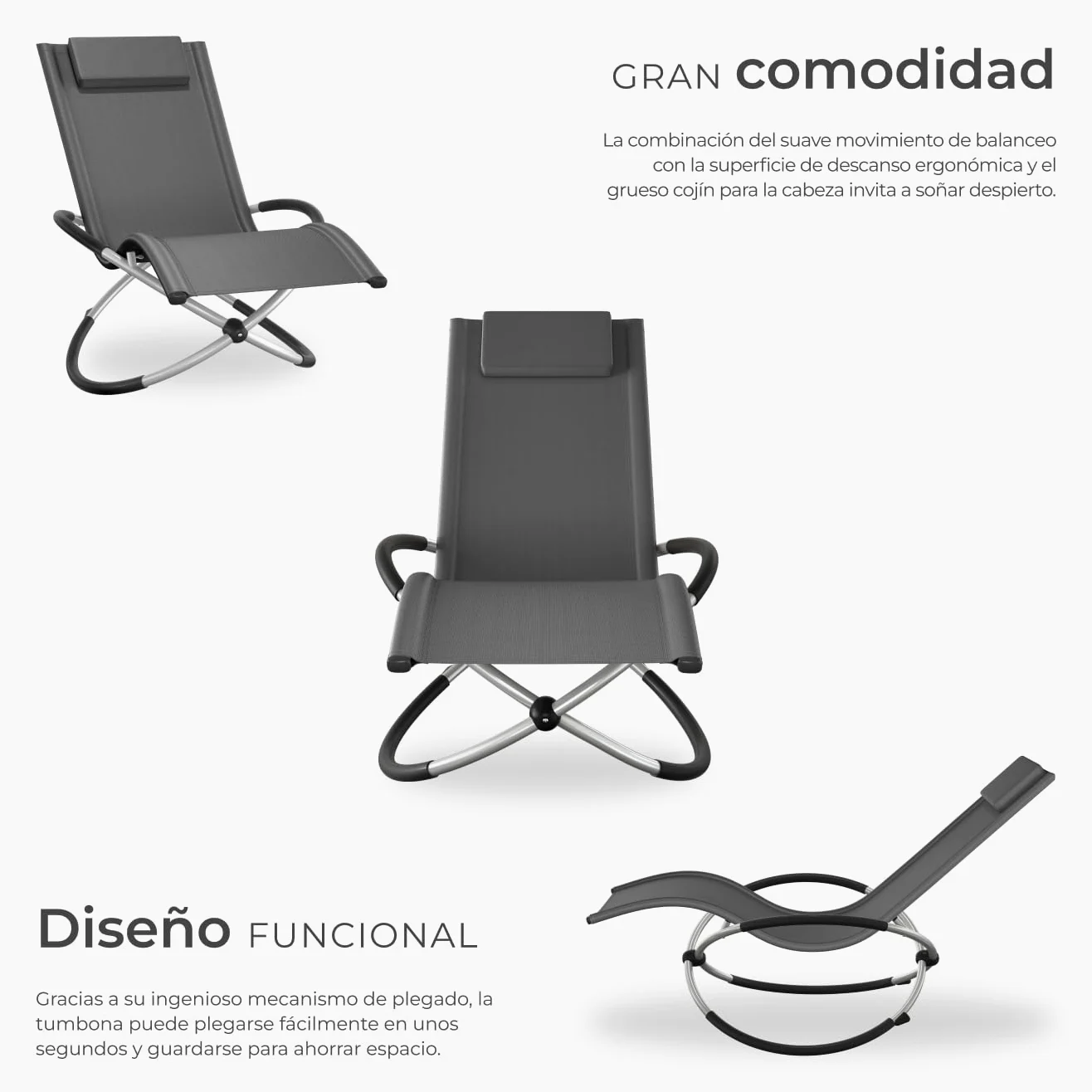 tectake® Tumbona Plegable con Función Balancín, Tumbona Playa Ergonómica, Tumbona Piscina en Acero y Textileno, Tumbona Jardín Exterior, Protección Antivuelco, Carga Máx. 150 kg, Fácil Montaje - Gris