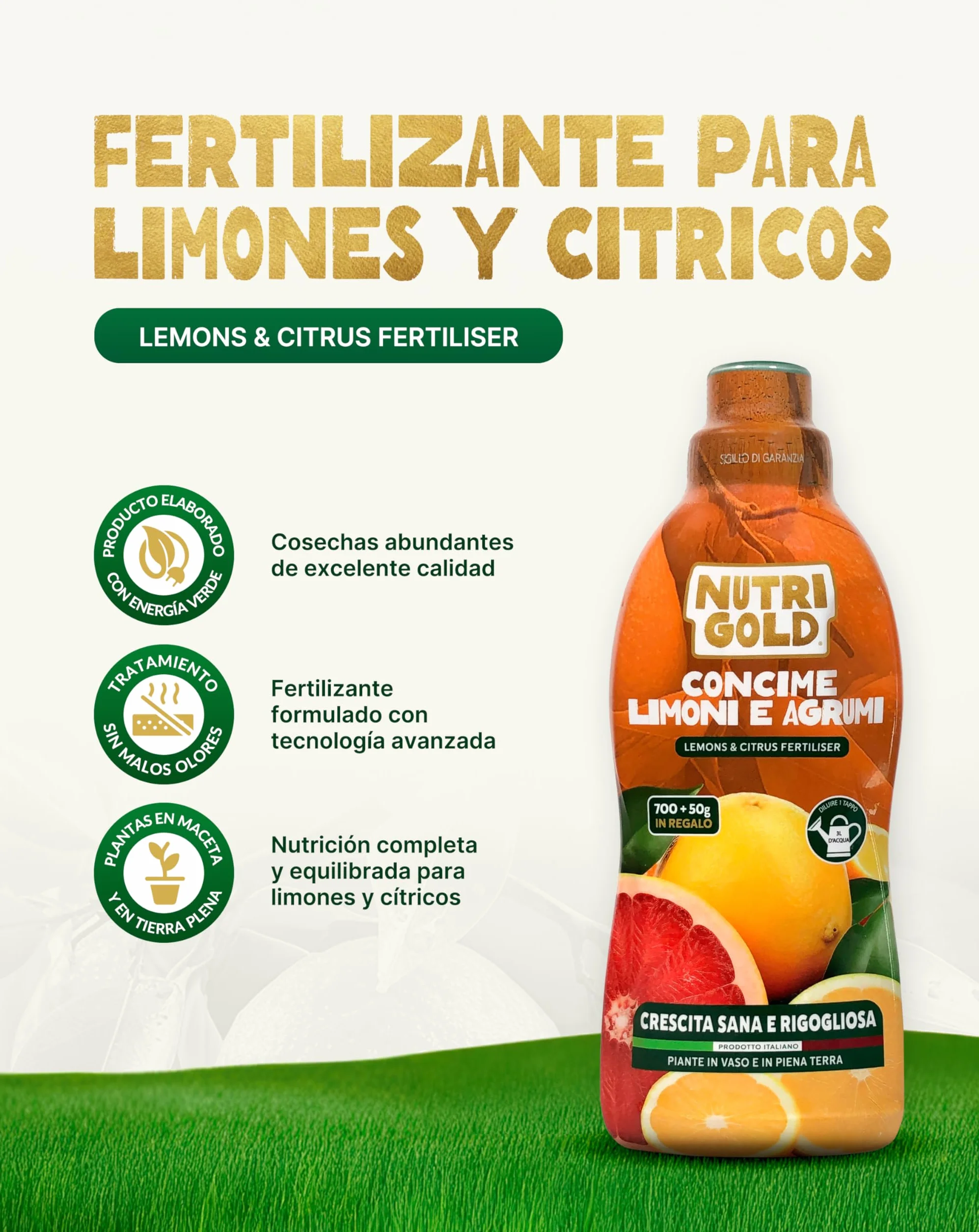 NutriGold® fertilizante Cítricos | Abono para Limones, Naranjas, Mandarinas y Pomelos - Rico en NPK - Para Cítricos en Tierra o Maceta - 700g + 50g Gratis