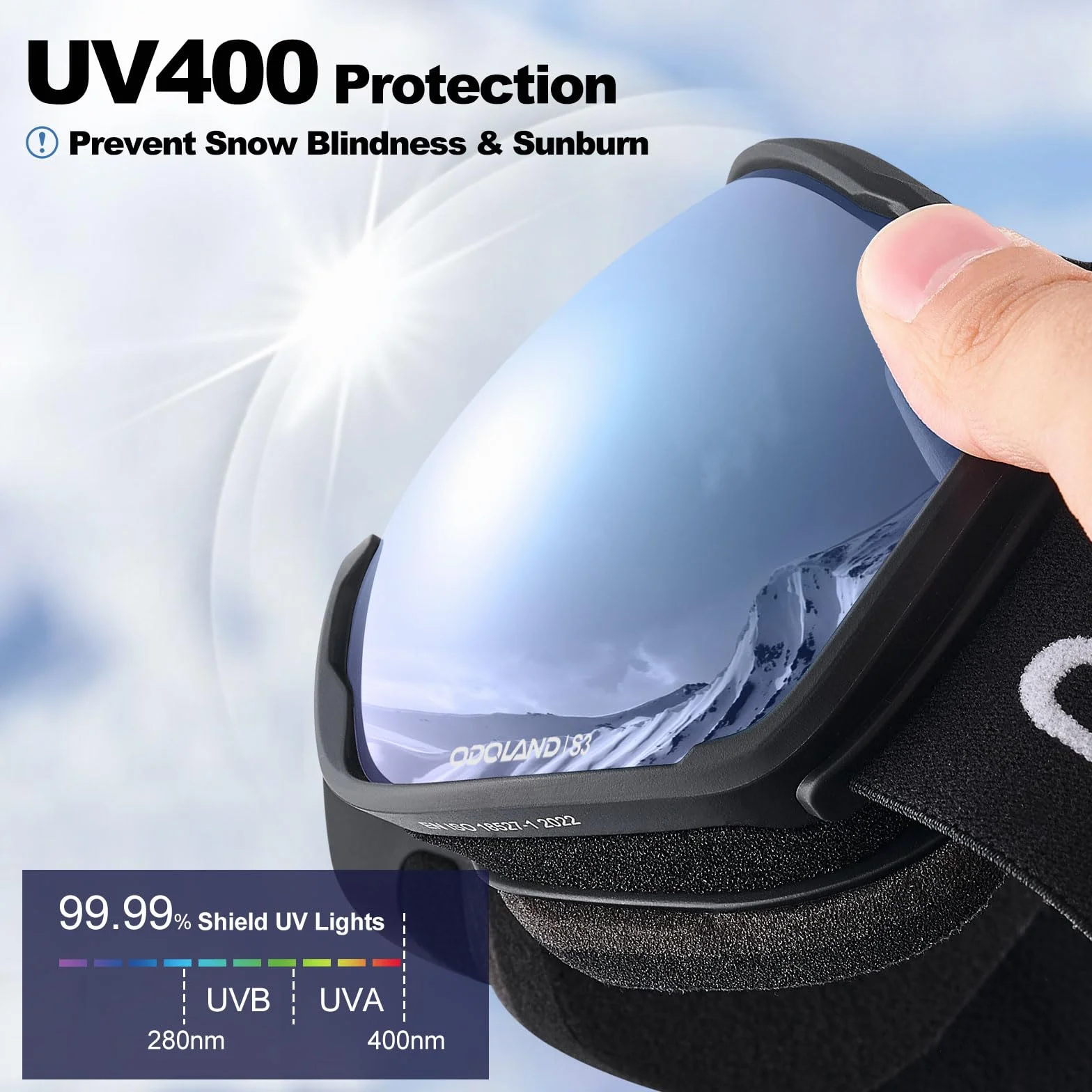 Odoland Gafas de Esquí para Adultos y Jóvenes, Doble Capa - Protección UV y a Prueba de Viento, Compatible con Casco