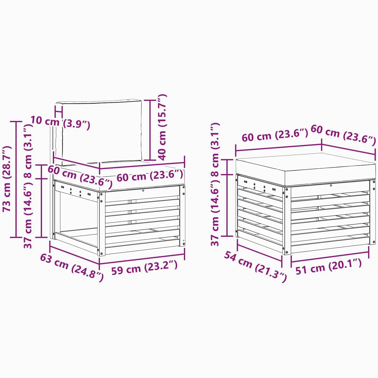 Juego de 6 sofás de exterior de madera maciza de acacia para terraza y jardín, diseño modular resistente a la intemperie, con 6 asientos, incluye cojines y respaldos acolchados