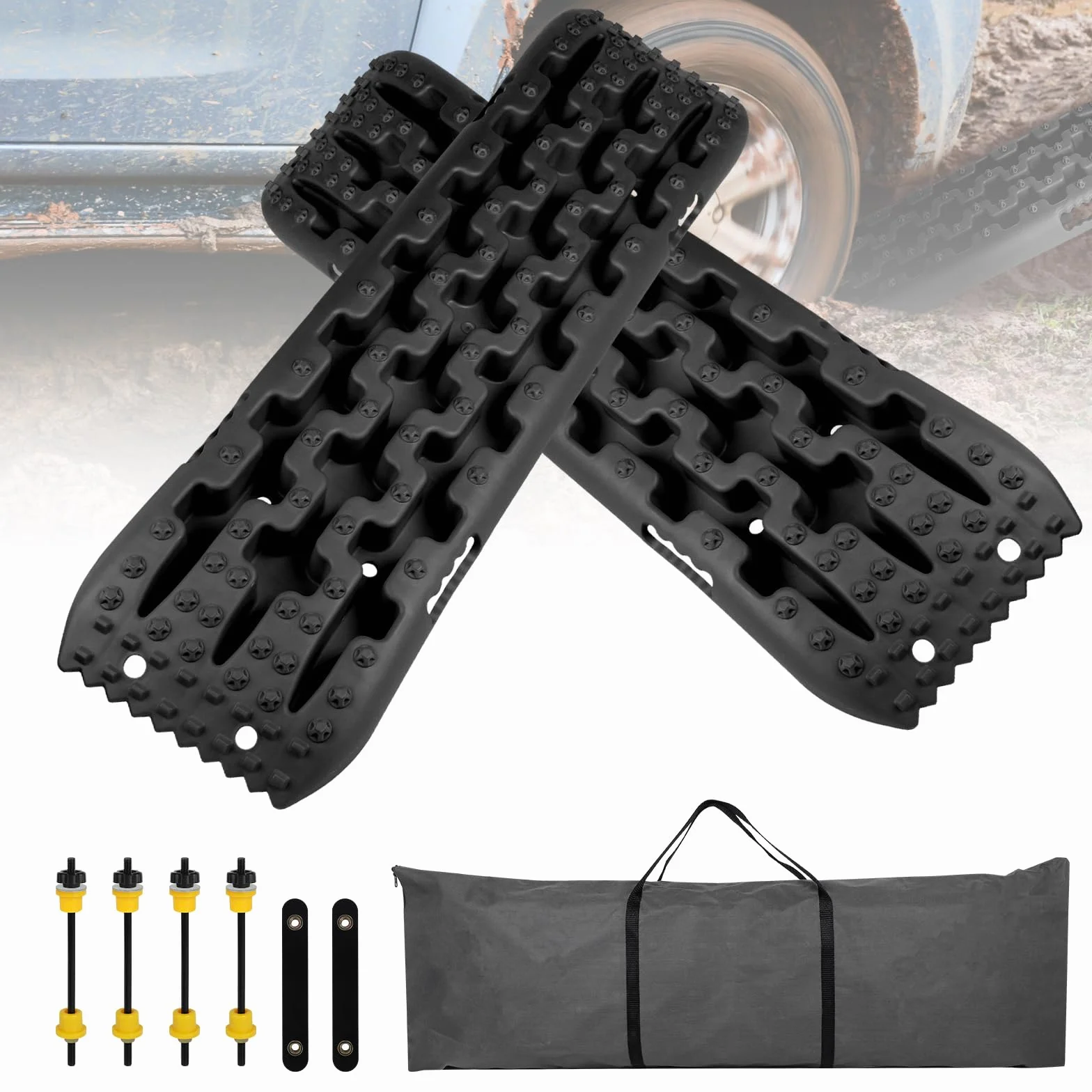 EXLECO Alfombrillas de Tracción Recuperación AYUDA Arranque Tablas Tracción Accesorios Todoterreno Placa Antideslizante para Hielo Barro Arena Nieve Negro