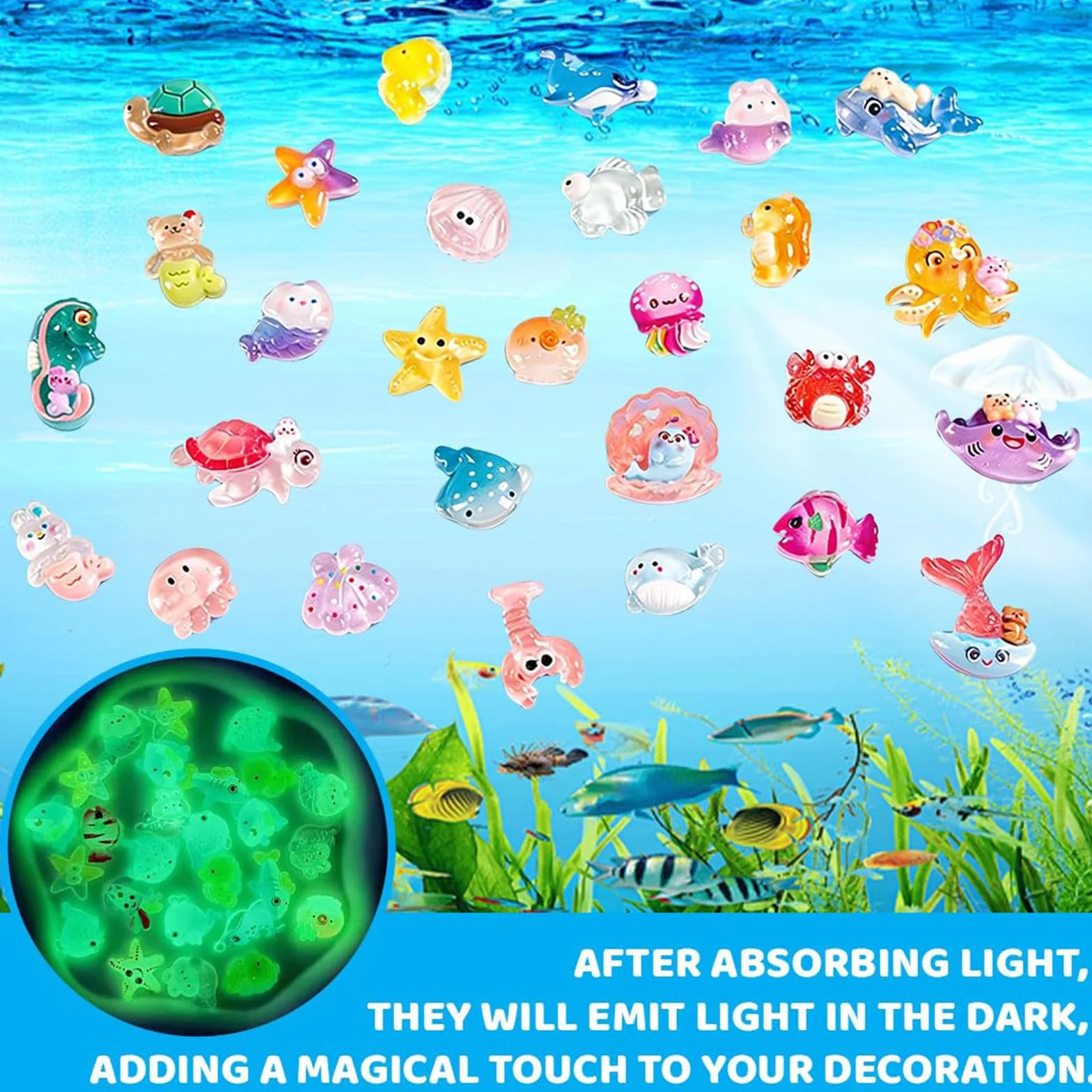 100 Mini Lotes Sorpresa de Animales Luminosos: Modelos de Resina Glow in The Dark, Figuras de Océano y Granja, Miniaturas para Decoración de Jardines Temáticos, Diseño Aleatorio