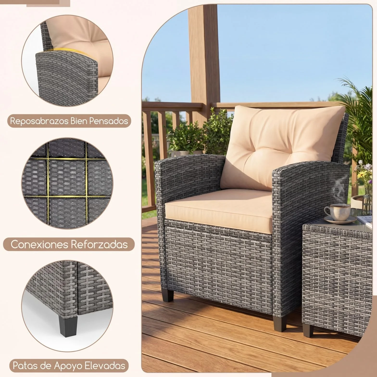 GIANTEX Conjunto de Muebles Jardín 3 Piezas, Mesa y Sillas de Exterior de Ratán PE con Cojines, Mesa con Tablero de Vidrio, para 2 Personas, para Terraza, Patio, Balcón (Gris+Marrón)