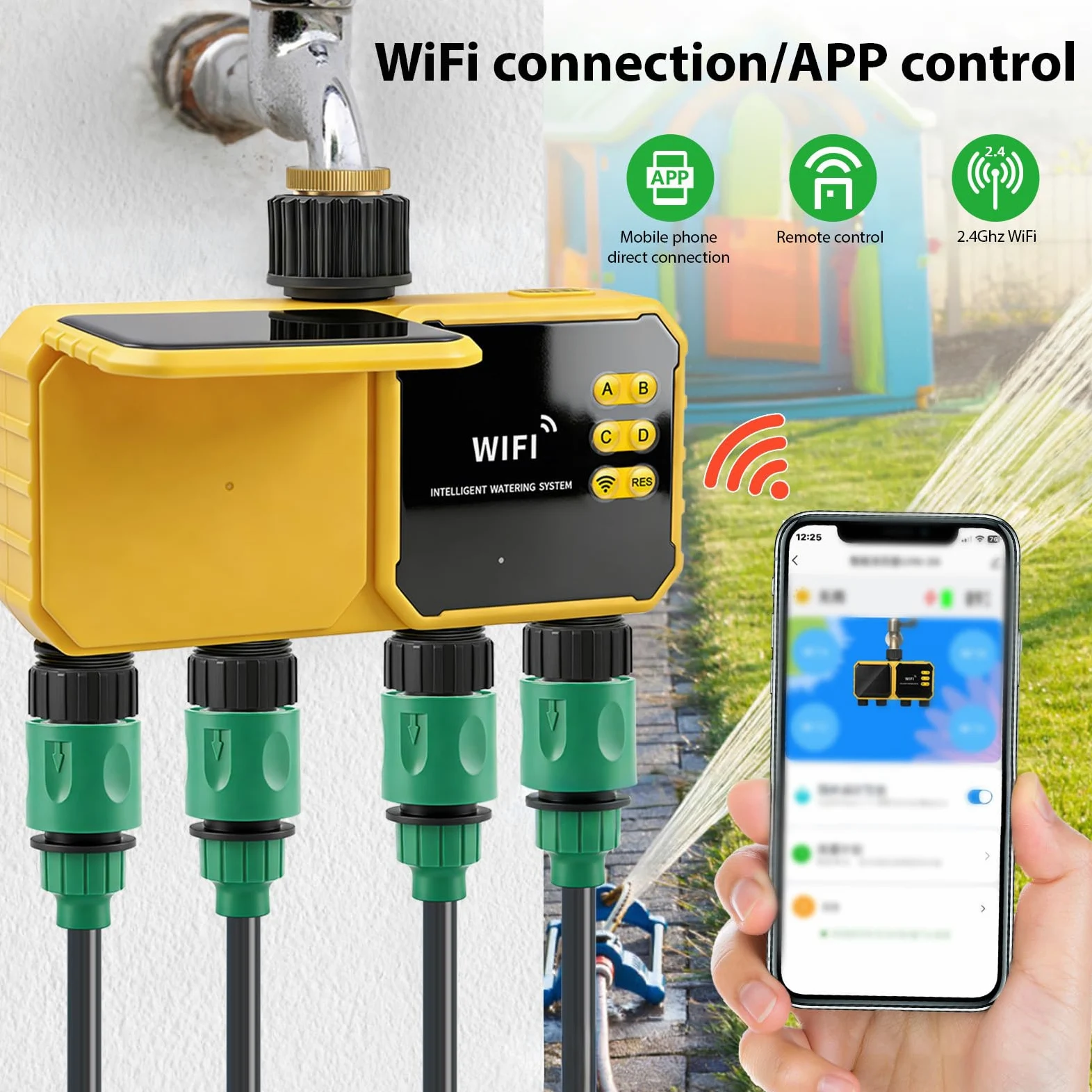 Temporizador de Riego Inteligente, Temporizador de Agua WiFi para Manguera Jardín, Control Aplicación, Sensor Lluvia, Riego Jardín 4 Zonas para Exteriores,