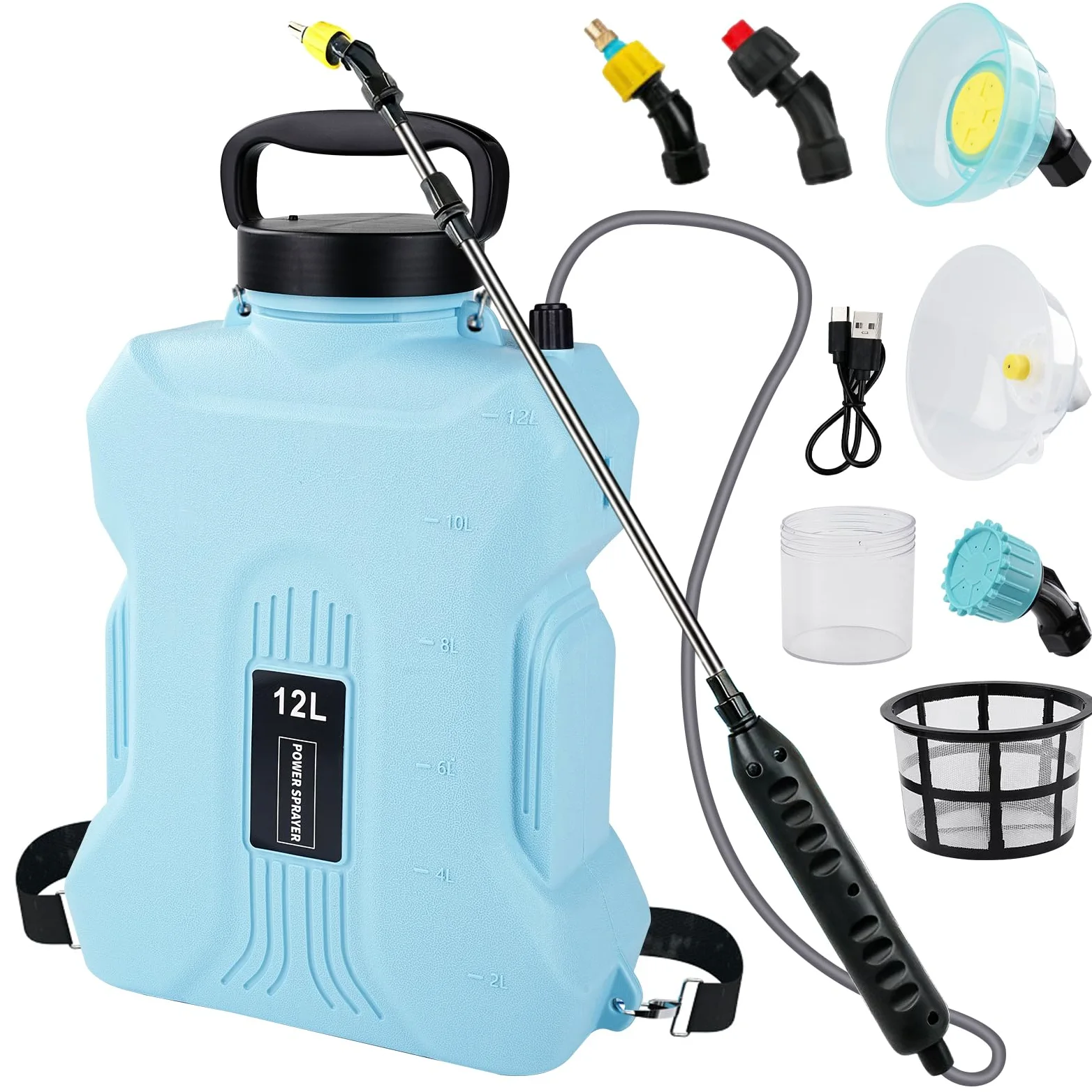 Nikou Pulverizador Electrico de Mochila 12L, Sulfatadora Bateria Pulverizadors Plantas Recargable con 5 Boquillas, Varilla Retráctil, USB, Pulverizador a Presión para Jardín Huerto Riego