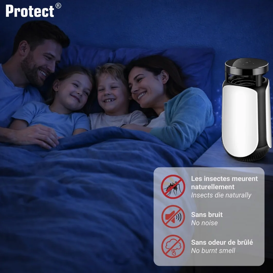Trampa antimosquitos de succión con lámpara UV LED 365 nm, exterminador de insectos silenciosos, cobertura 30 m², temporizador 4/6/12h, USB-C, 2 cebos incluidos
