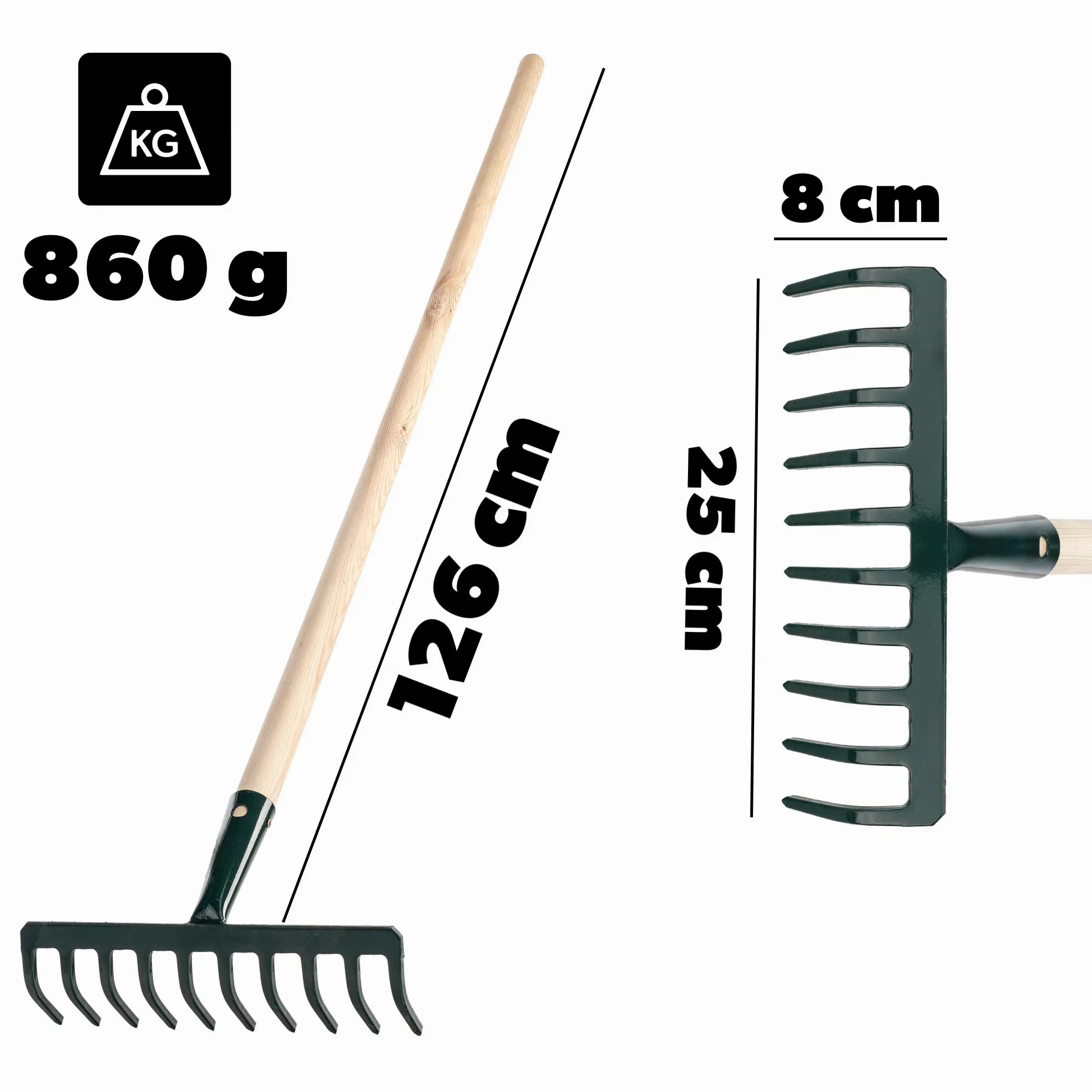 KADAX Rastrillo de metal, rastrillo plano con mango de madera, escoba para jardín, bancal, rastrillo de hojas, rastrillo de césped, verde, herramienta de jardín, rastrillo de heno, herramienta de