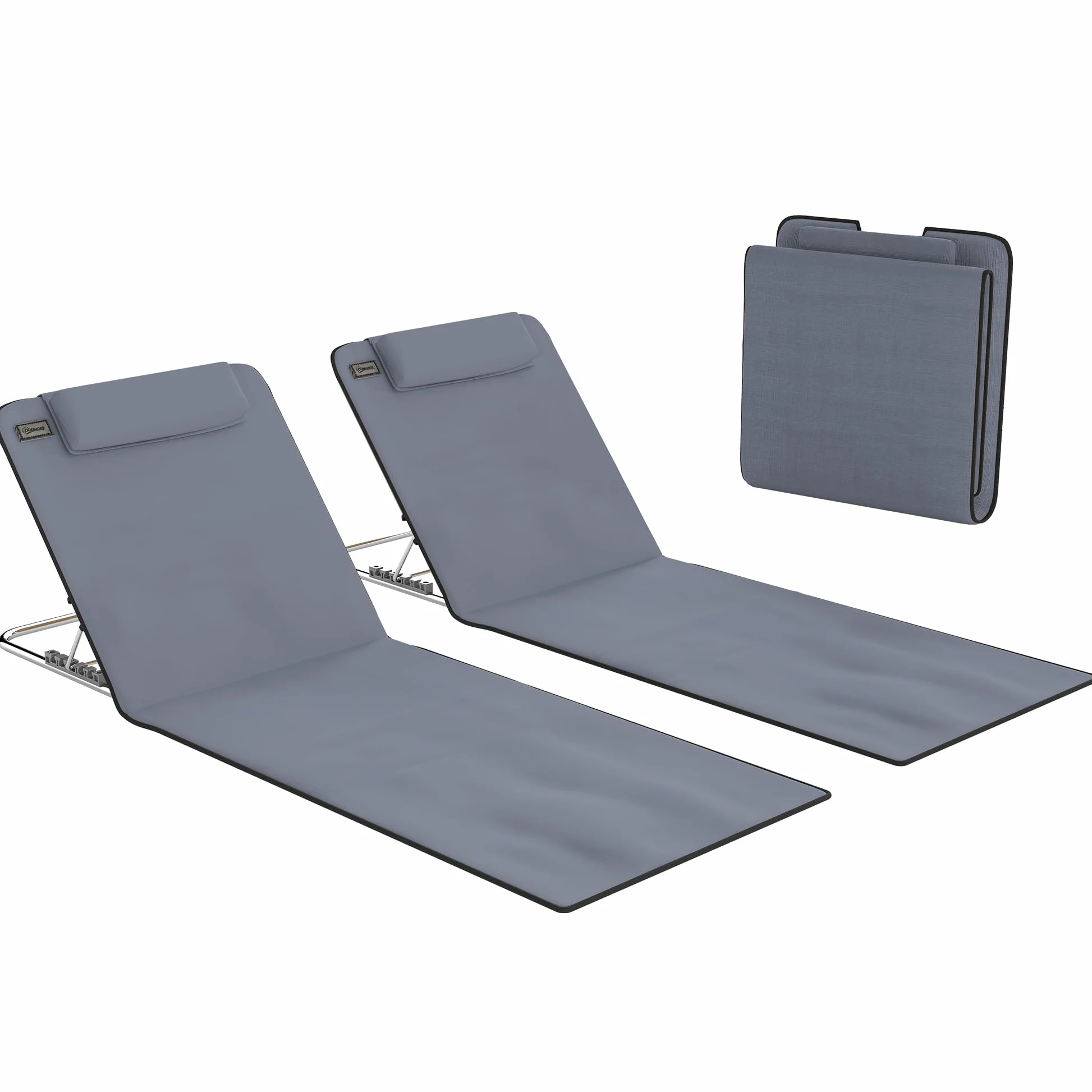 Outsunny Conjunto de 2 Esterillas de Playa Plegables, Esterillas con Respaldo Reclinable en 5 Niveles, Reposacabezas y Bolsa de Transporte, 134x48x33-43 cm, Gris