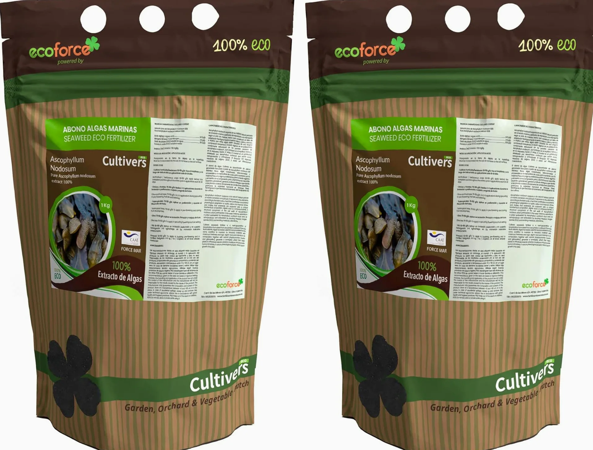 CULTIVERS Abono de Algas Marinas puro 2x1 Kg. Fertilizante Orgánico Ecológico Polvo Soluble. Extracto de Algas 100%. Fertilizante Bioactivador a Base de extractos de Ascophyllum nodosum.