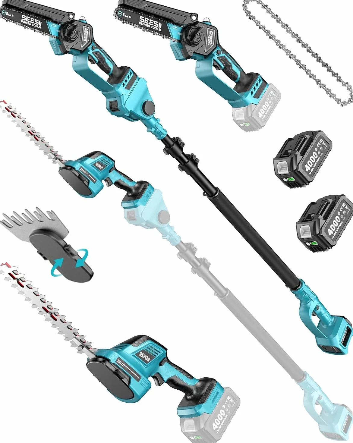 SEESII 6-en-1 Mini Motosierra y Cortasetos a Batería, con 2 * 4000mAh Baterías, Motosierra Electrica con Pértiga Telescópica, Alcance Máximo de hasta 4,57 m, con 30 ml Tanque de Aceite