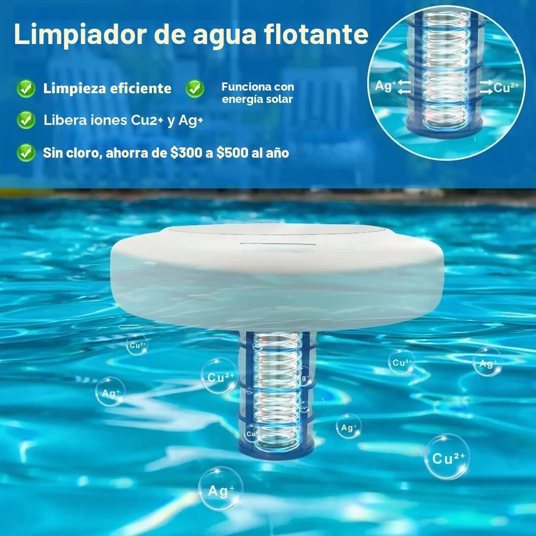 Limpiador de piscina solar ionizador, limpiador de piscina flotante de alta eficiencia, cobre, iones de plata, limpiador de piscinas, purificador de agua de seguridad, 27 x 26 x 21 cm