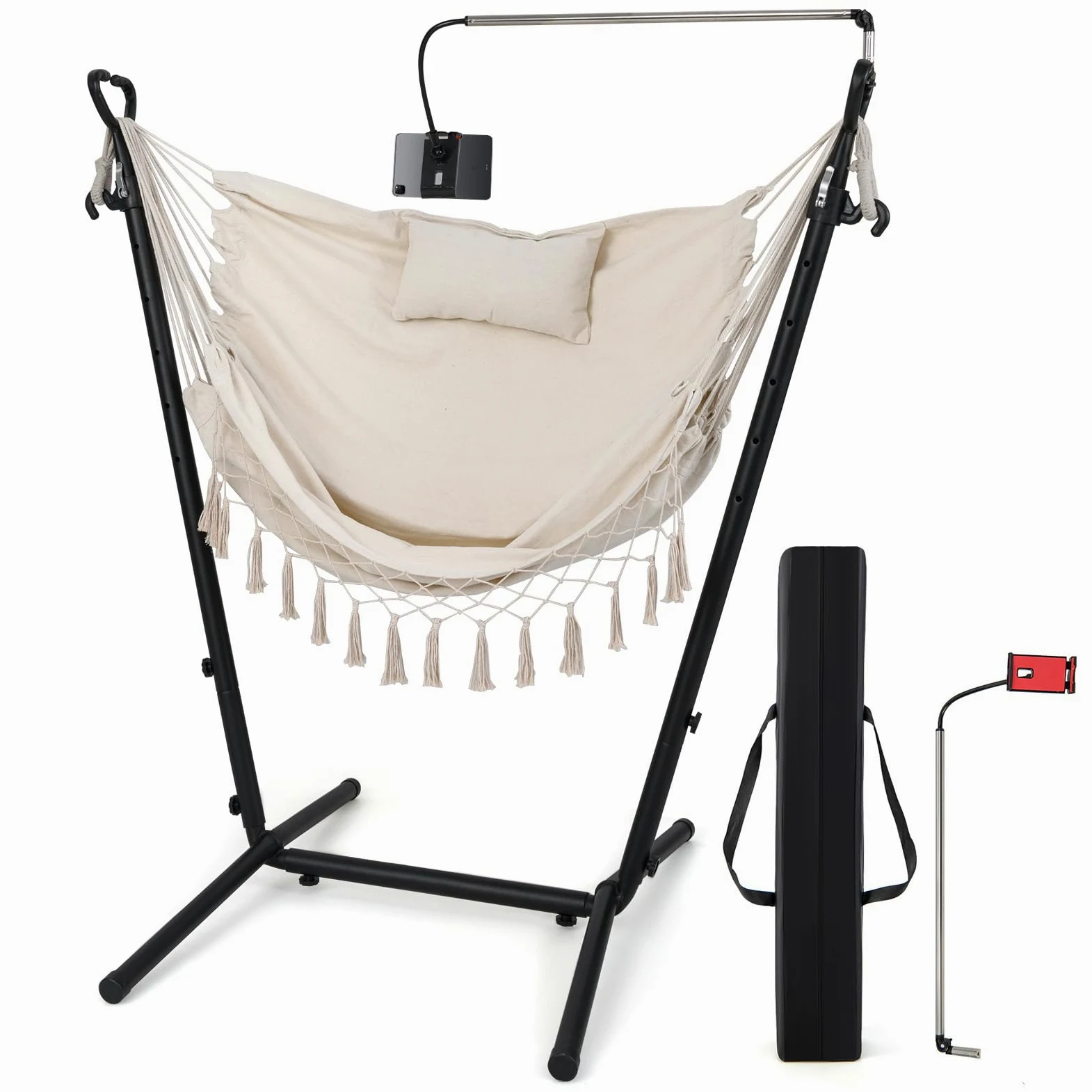 COSTWAY Silla Hamaca con Soporte, Altura Ajustale, Hamaca Jardin Exterior con armazón, Porta Teléfono, Almohada y Bolsillo Lateral, Silla Colgante Interior y Exterior, Máx. 250 KG (Beige)