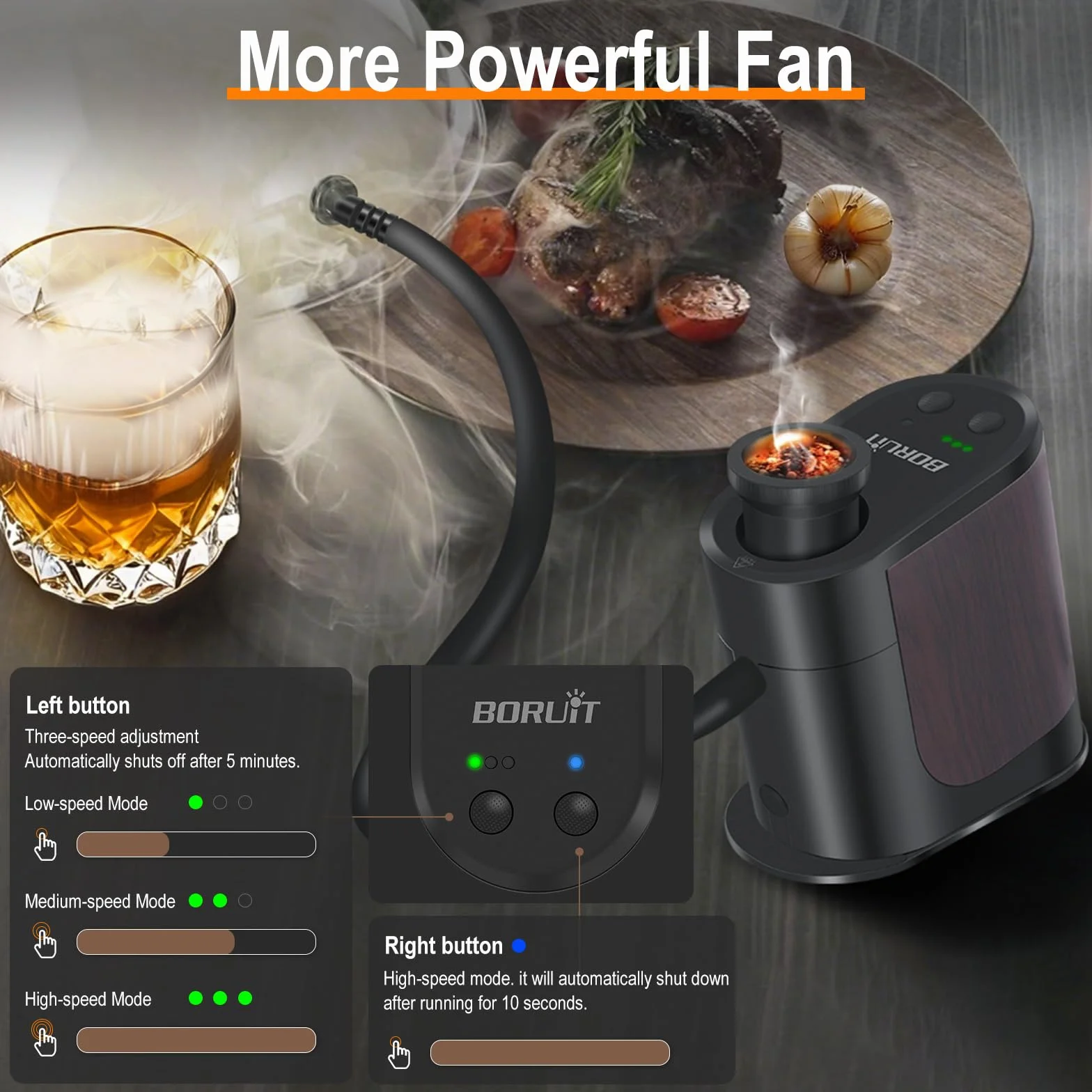BORUiT BQ500 Pistola para Fumar, Fumador de Comida, con 4 Paquetes de Virutas de Madera, Pistola de Humo de Aleación de Aluminio para Cocina, Carne, Salmón, Cócteles, Queso, Barbacoa