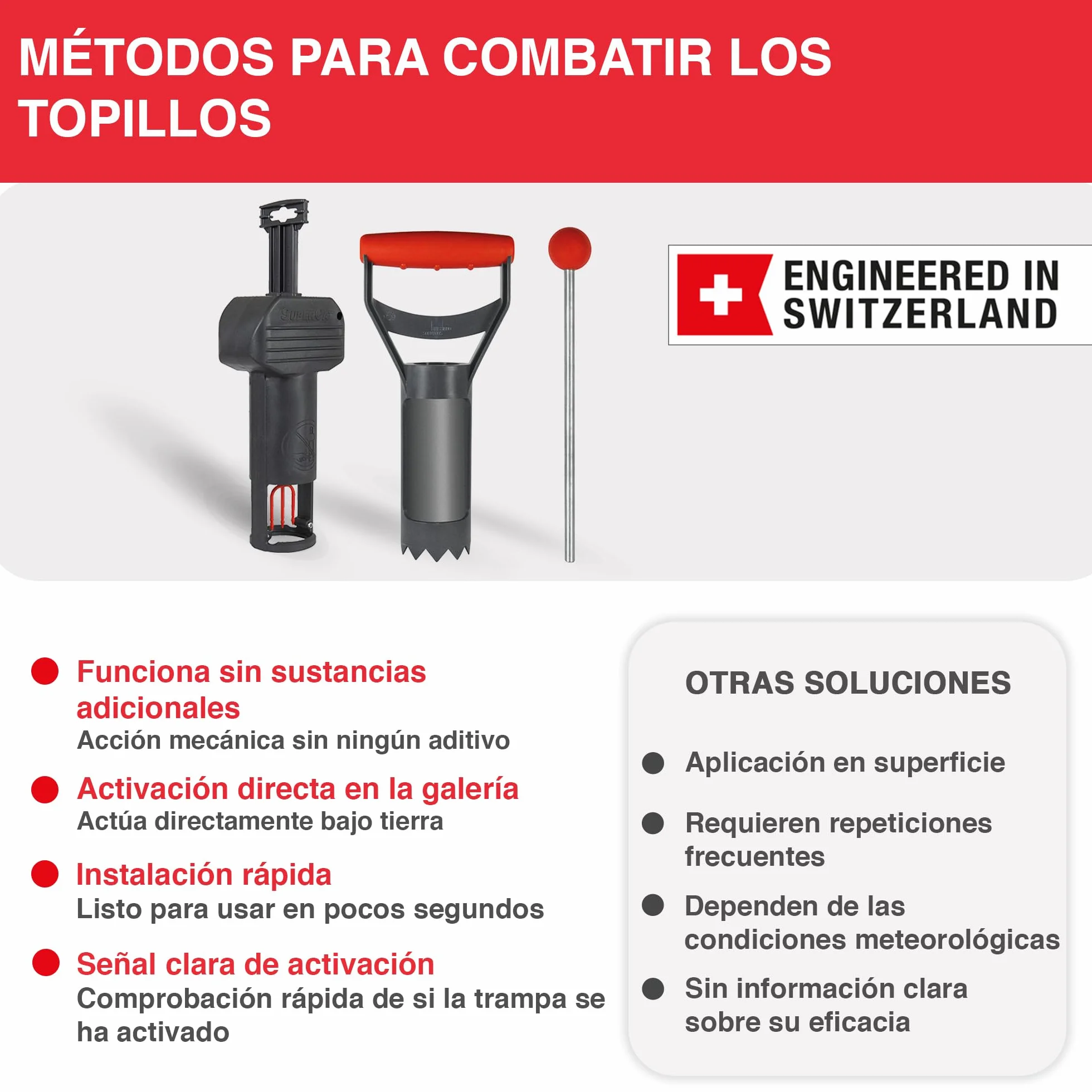 SWISSINNO Trampa para Topillos con Sonda SuperCat Incluida – Trampa Mecánica para Roedores Subterráneos, Control de Jardín, Reutilizable, Instalación en Túnel Vertical – 2 Trampa + 1 Sonda