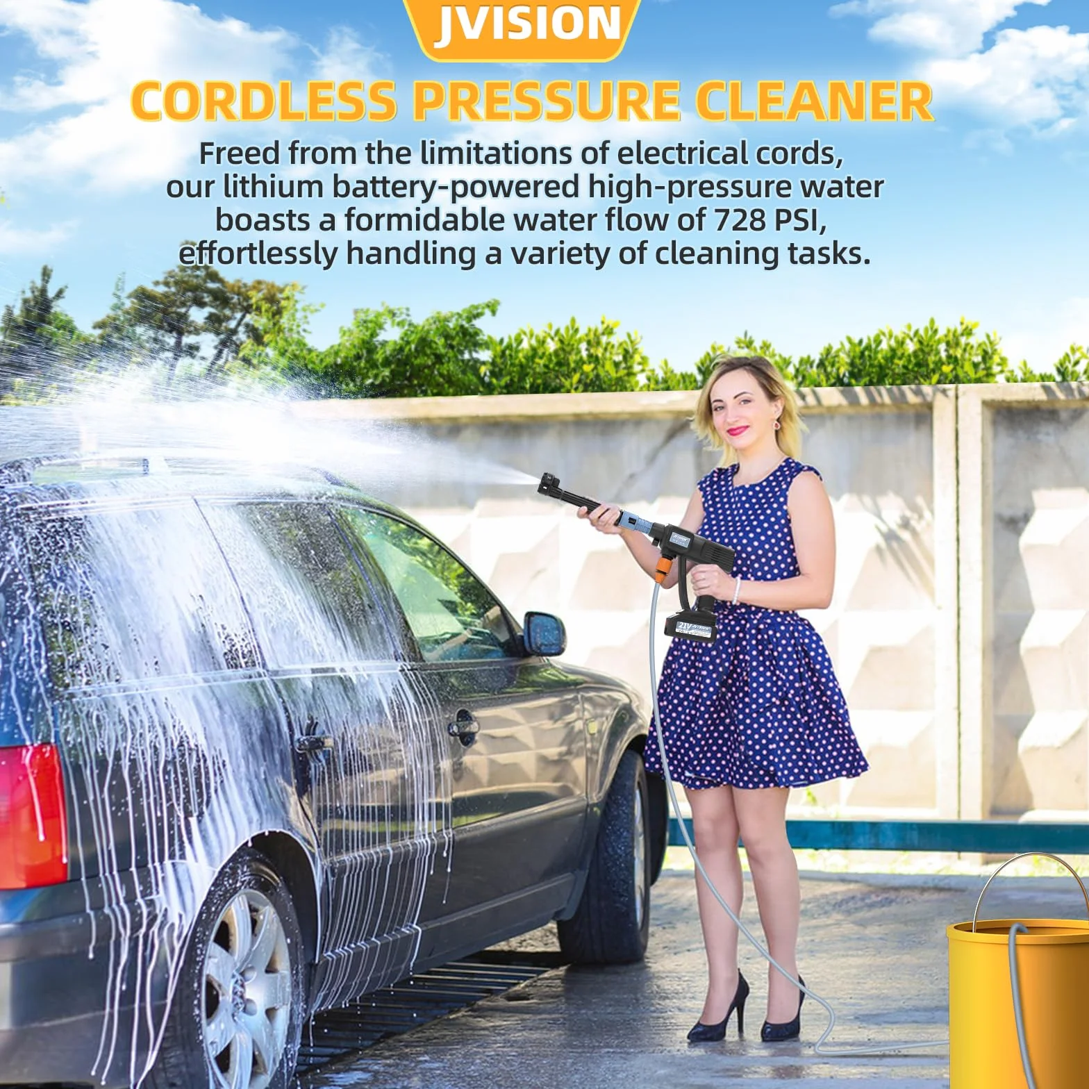 Hidrolimpiadora a Batería, Pistola de Agua a Presión 21V Hidrolimpiadora Eléctrica Portátil con 2 Baterías y Tubo de 5 m, Lavadora Inalámbrica para Coche, Jardín, Terraza, Césped y Riego