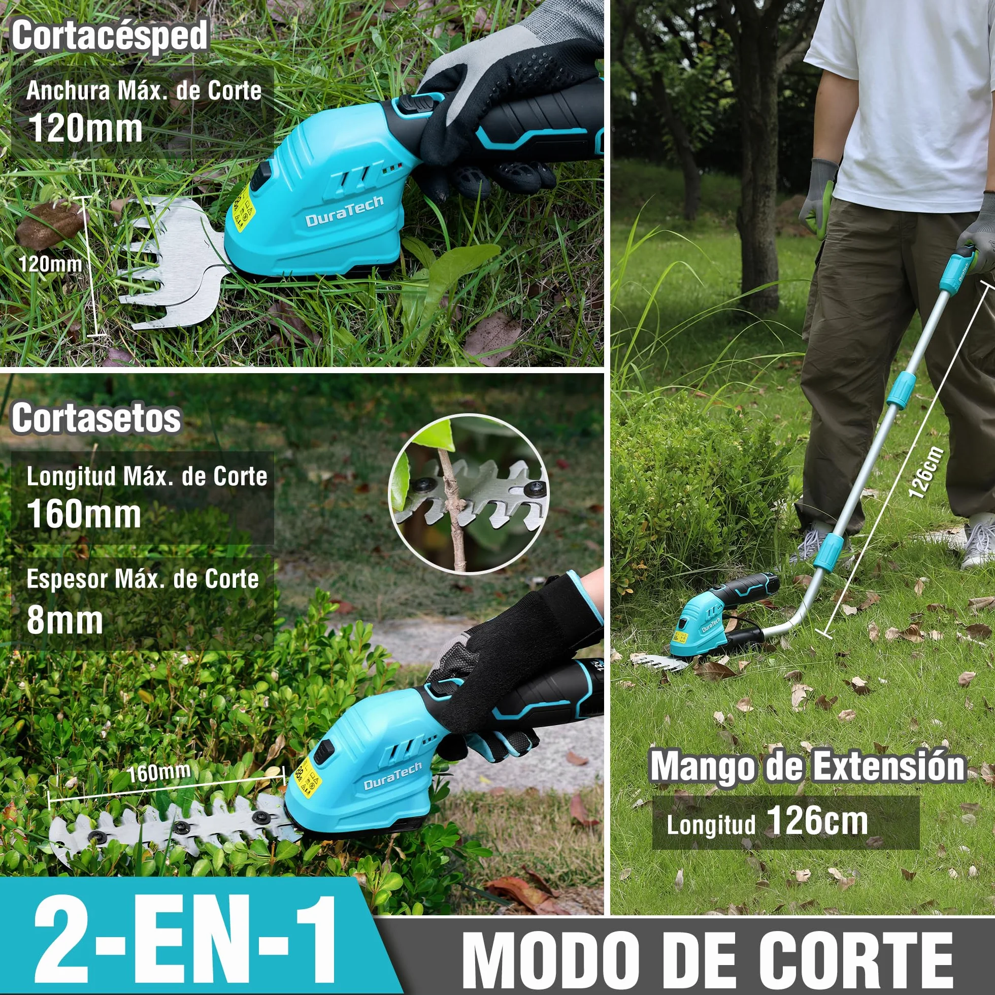 DURATECH 12V Tijera Cortacésped y Arreglasetos 2 en 1, Tijeras Eléctricos de Jardín con Alargador, Batería y Cargador, Cortasetos Eléctrico para Césped y Arbustos, para Jardinería