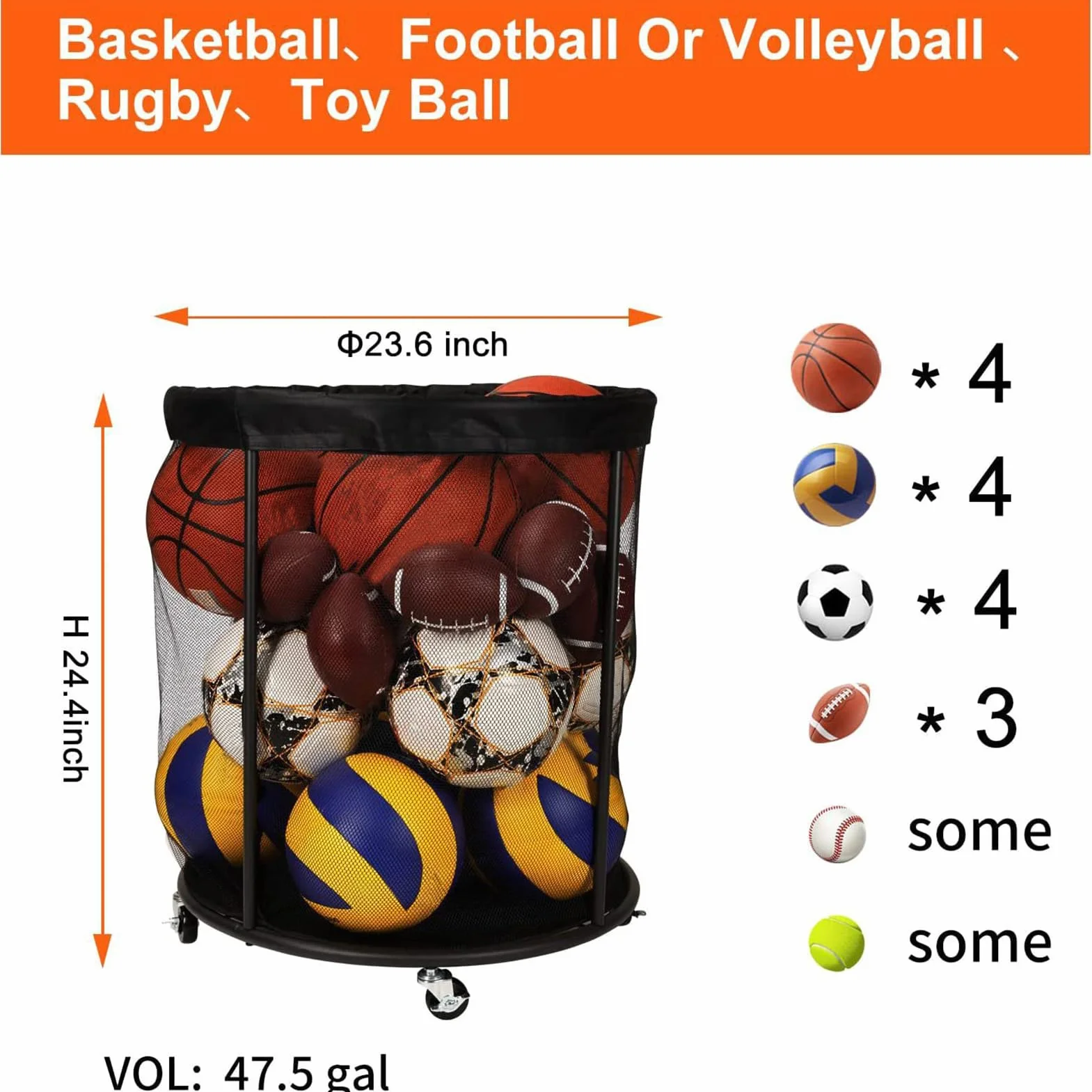 Contenedor organizador portátil para bolas, cesta de gran capacidad, 23.6 x 23.6 x 24.4 pulgadas, diseño de red de malla, función de fácil transporte, ideal para garaje, deportes, piscina