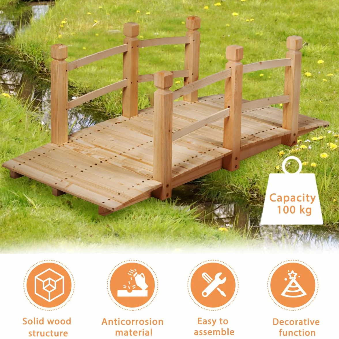 SOARS Puente de Jardín Madera con Barandilla, Puente de Pie Decorativo de Abeto con Capacidad de Carga de hasta 100 Kg, 150 x 67 x 55 cm cm, Puente Decorativo para Jardín, Estanque y Arroyo
