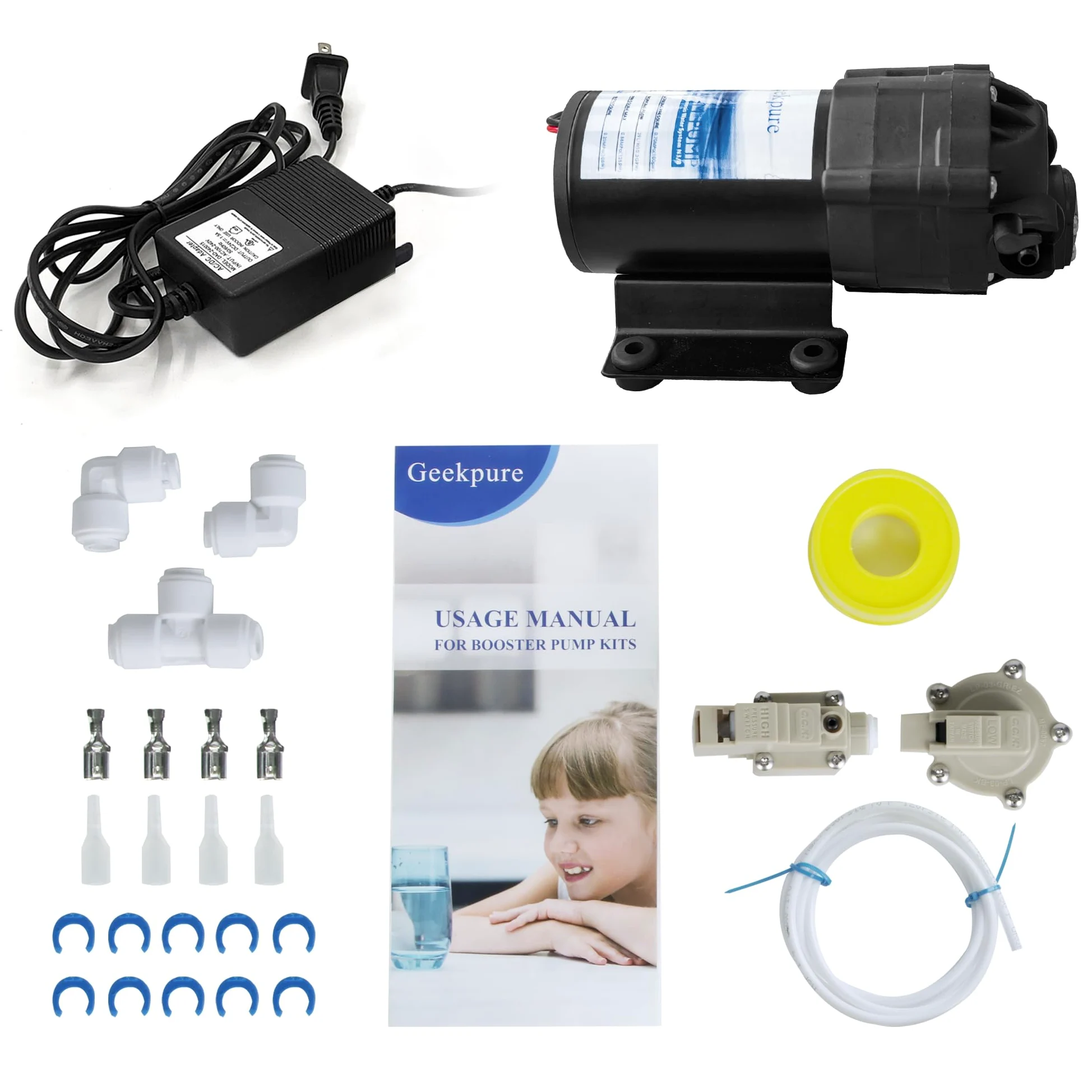Geekpure Kit de bomba refuerzo ósmosis inversa con transformador + interruptores de alta y baja presión + accesorios para sistema RO