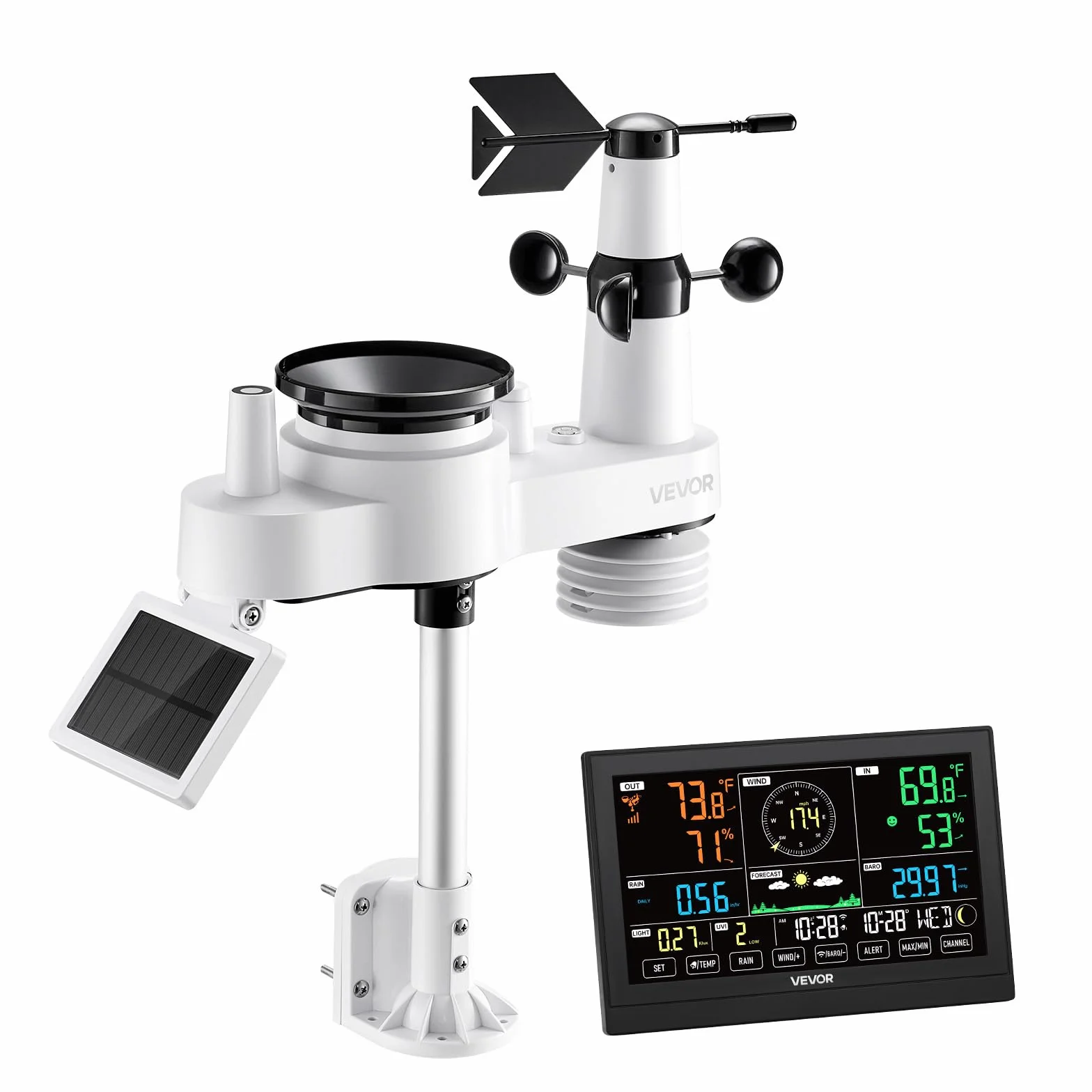VEVOR Estación Meteorológica Wifi 7 en 1, con App, Pantalla VA de 190,5 mm, Sensor Solar Inalámbrico, Pluviómetro, Pronóstico del Tiempo, Velocidad del Viento, Temperatura, Humedad y Precipitación